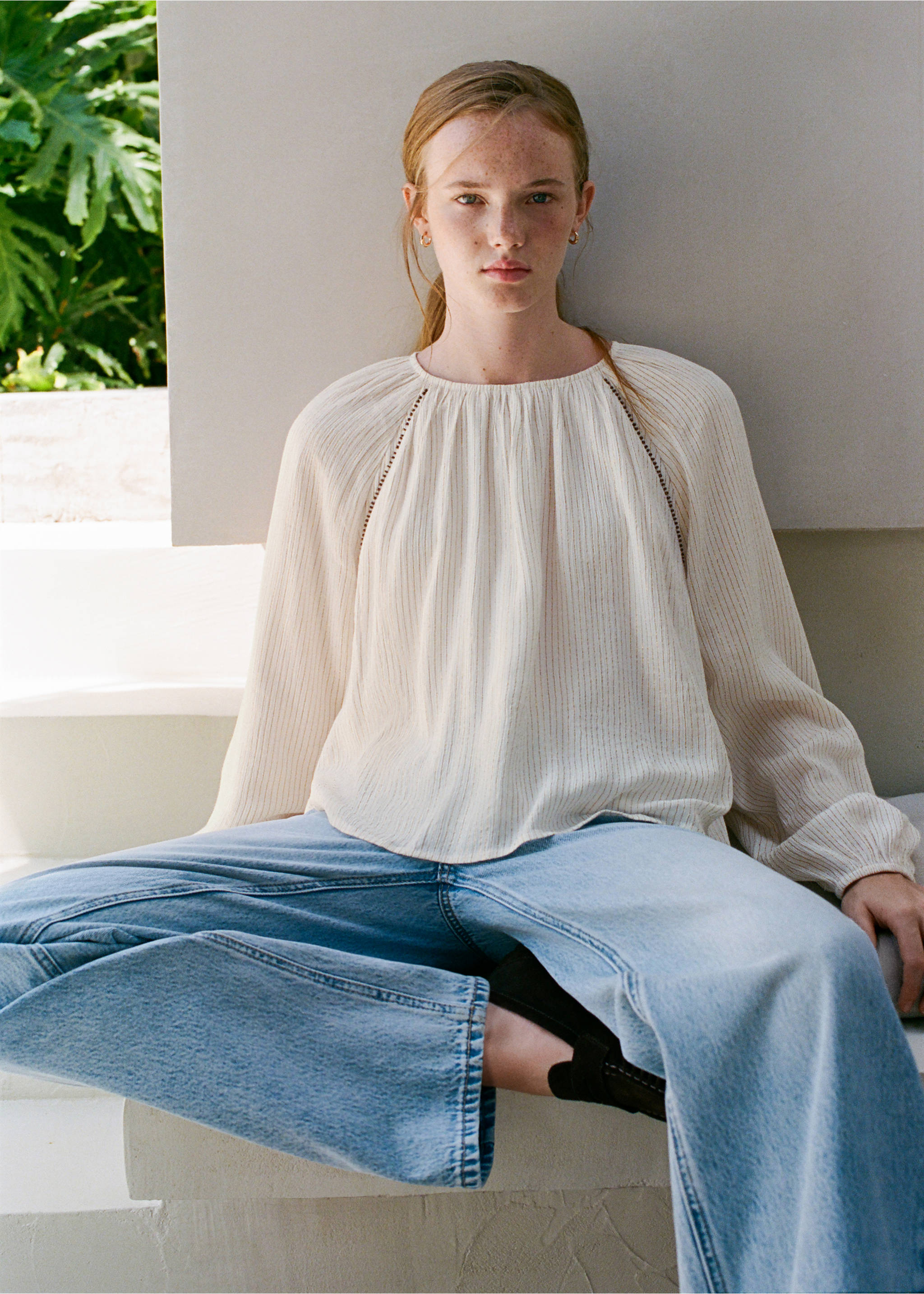 Blouse with metallic stripes and bead embellishments - Medium plane, Off White. Ref: 37095164-00.