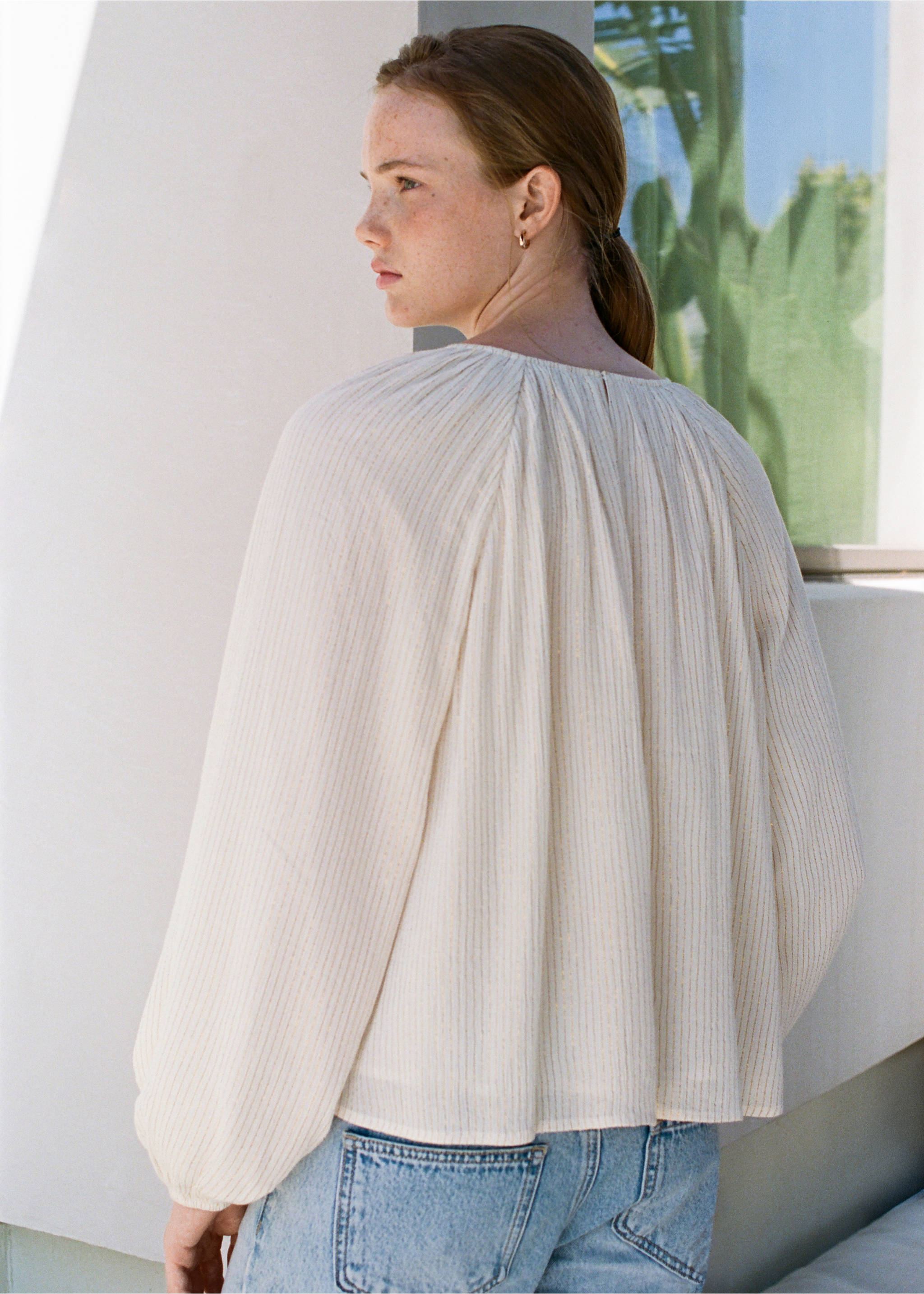 Blouse with metallic stripes and bead embellishments - Reverse of the article, Off White. Ref: 37095164-00.