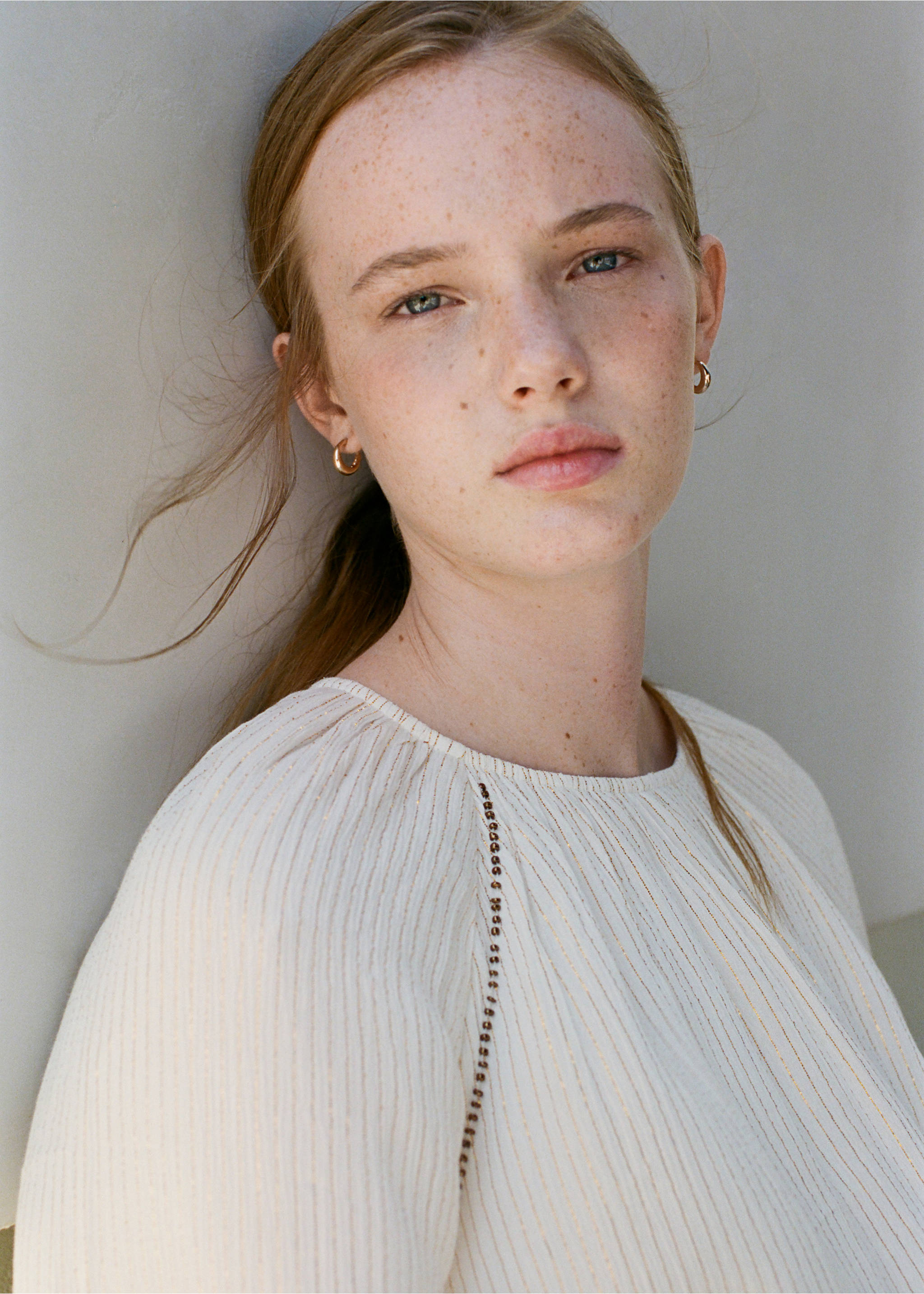 Blouse with metallic stripes and bead embellishments - Details of the article 1, Off White. Ref: 37095164-00.