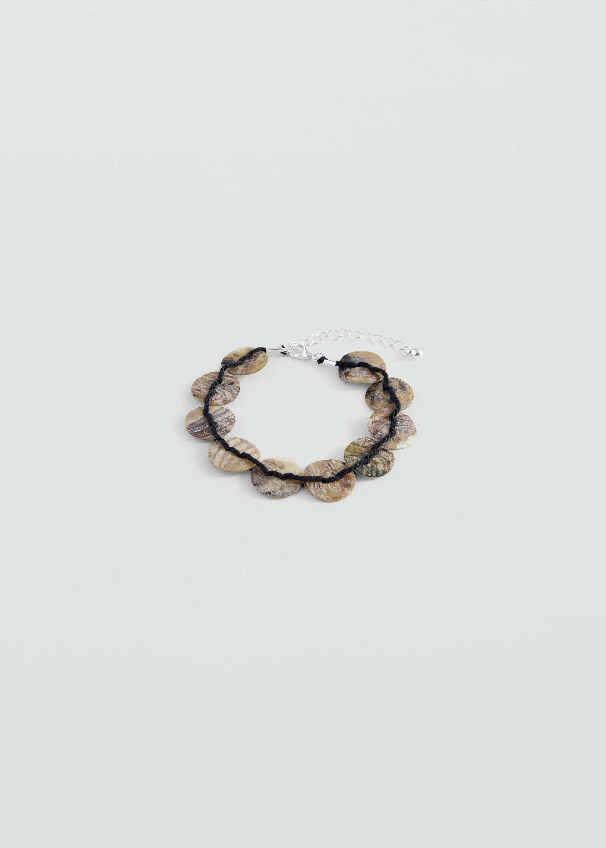 Shell bead bracelet in mottled brown and beige with a dark cord and silver-tone clasp., Silver. Ref: 37095176-00.