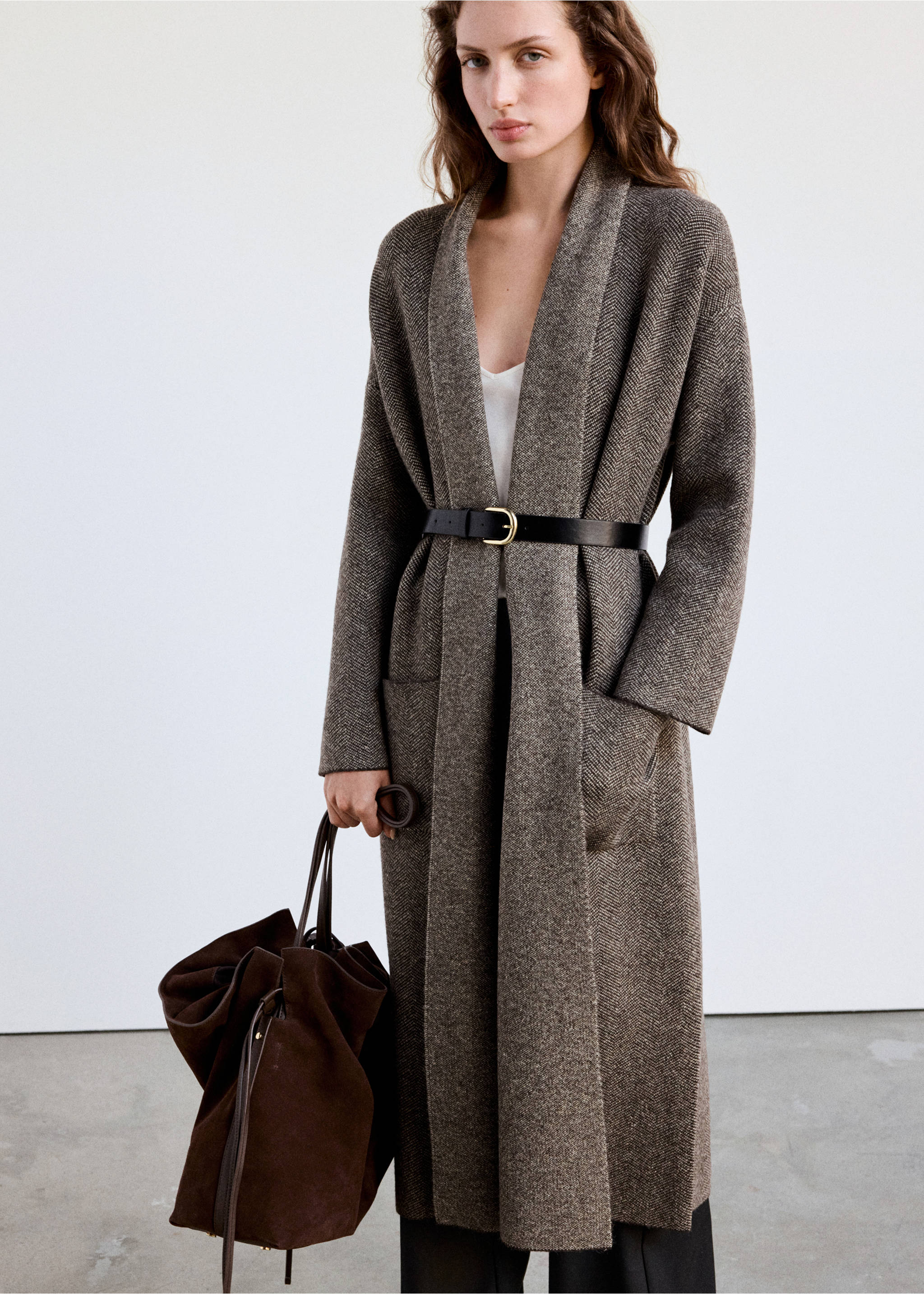 Belted knit coat - Medium plane, Medium Brown. Ref: 37095846-00.