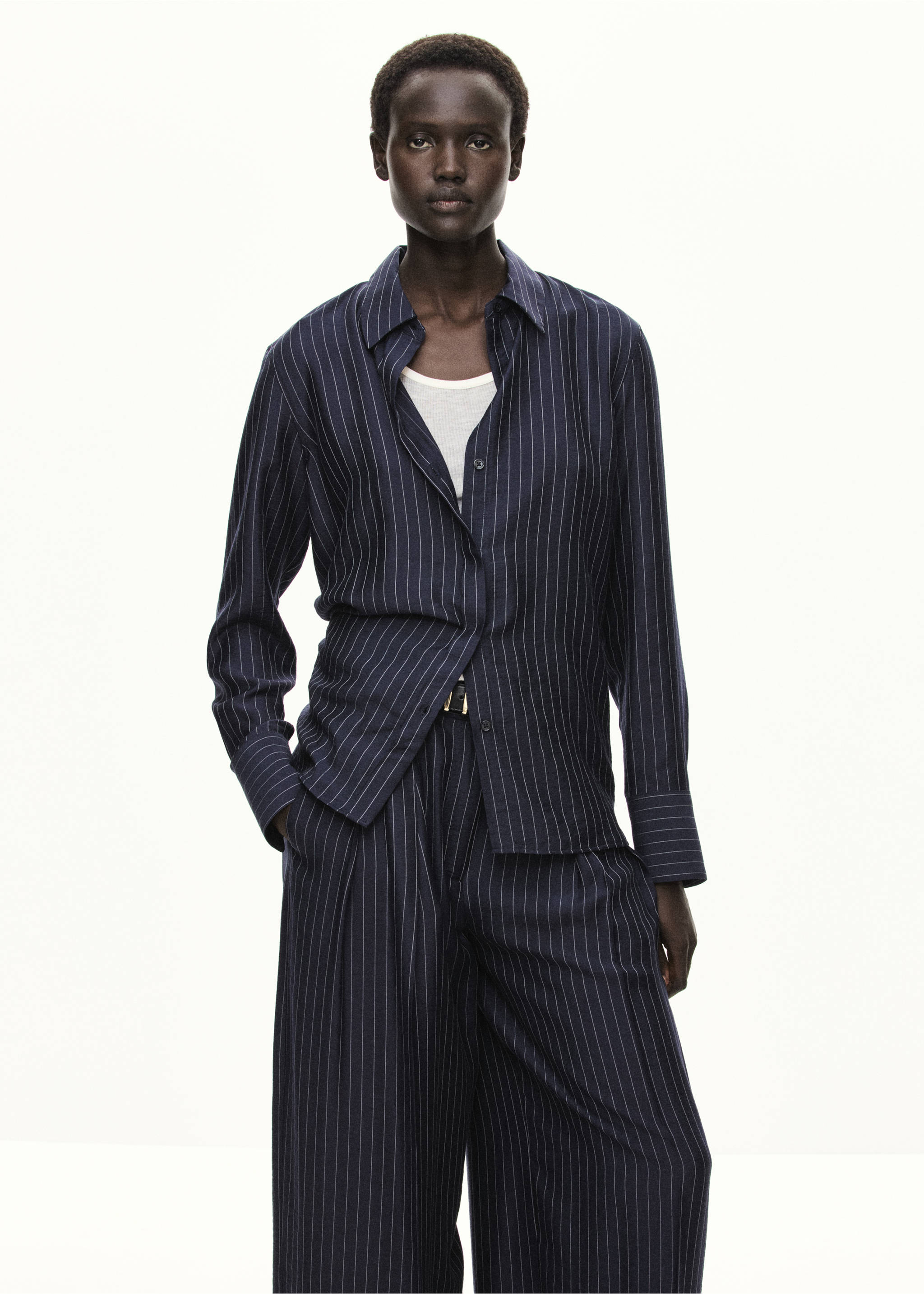 Modal pinstripe shirt - Details of the article 1, Navy. Ref: 37095853-00.
