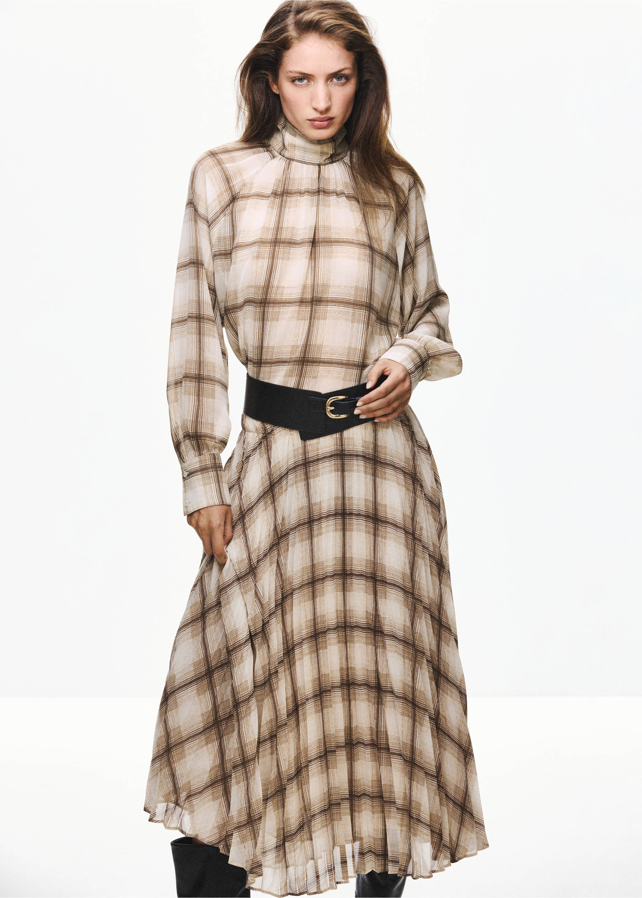 Checked pleated skirt - Medium plane, Brown. Ref: 37095860-01.