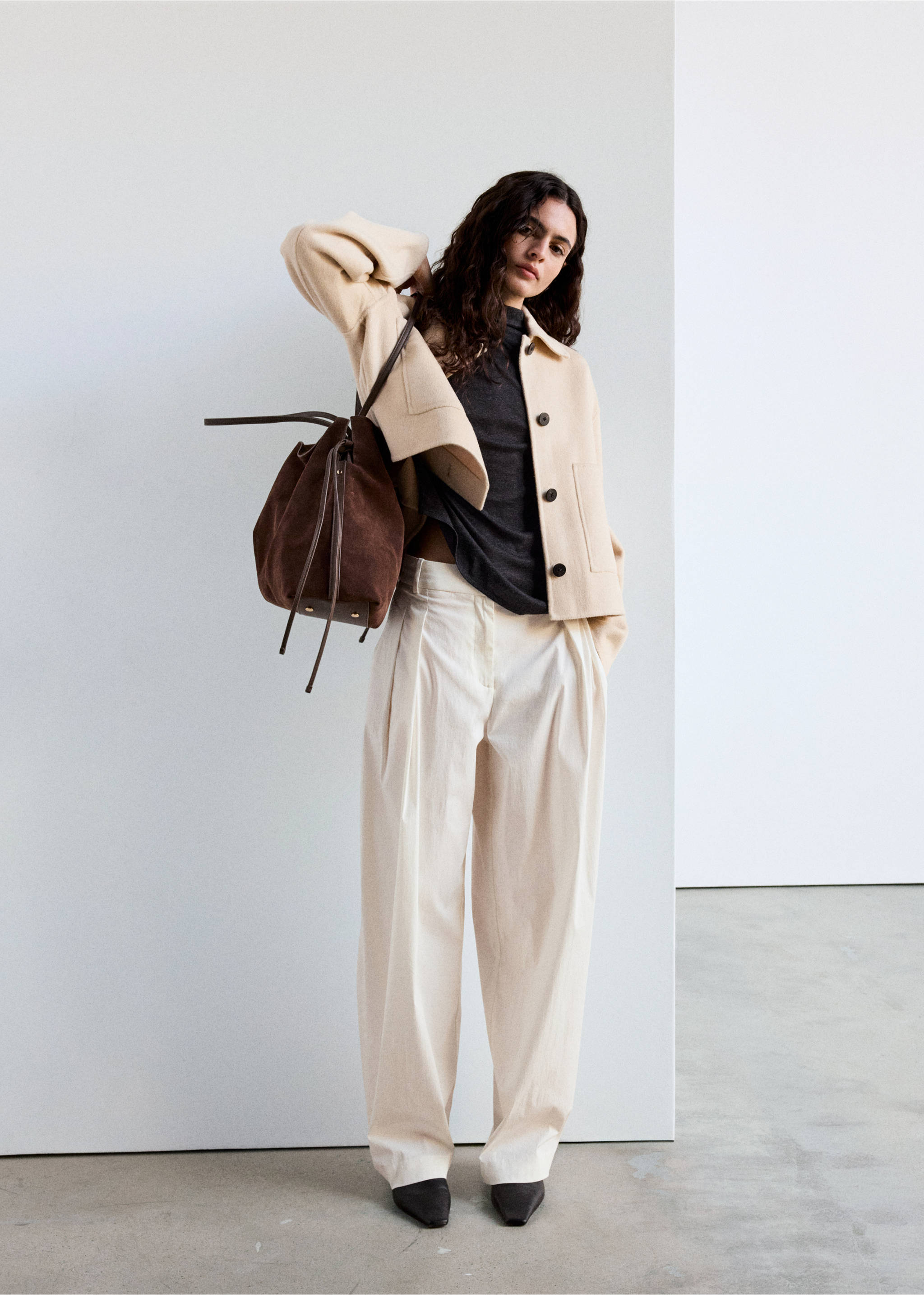 Cropped wool-blend jacket with patch pockets - General plane, Ecru. Ref: 37095865-00.