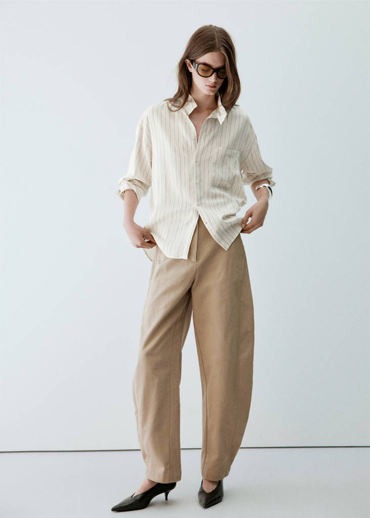 Striped shirt with stand-up collar — Beige