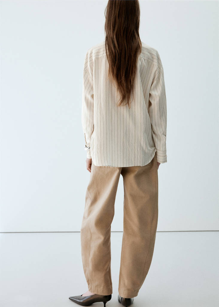 Striped shirt with stand-up collar — Beige