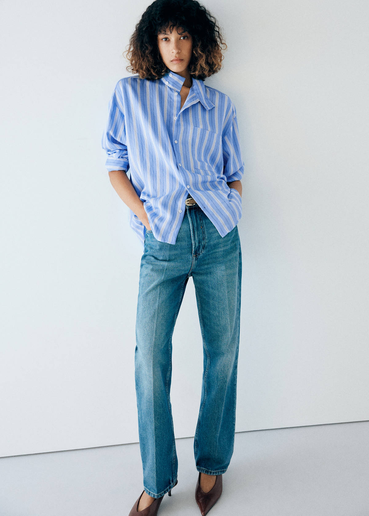 Striped shirt with stand-up collar — Blue