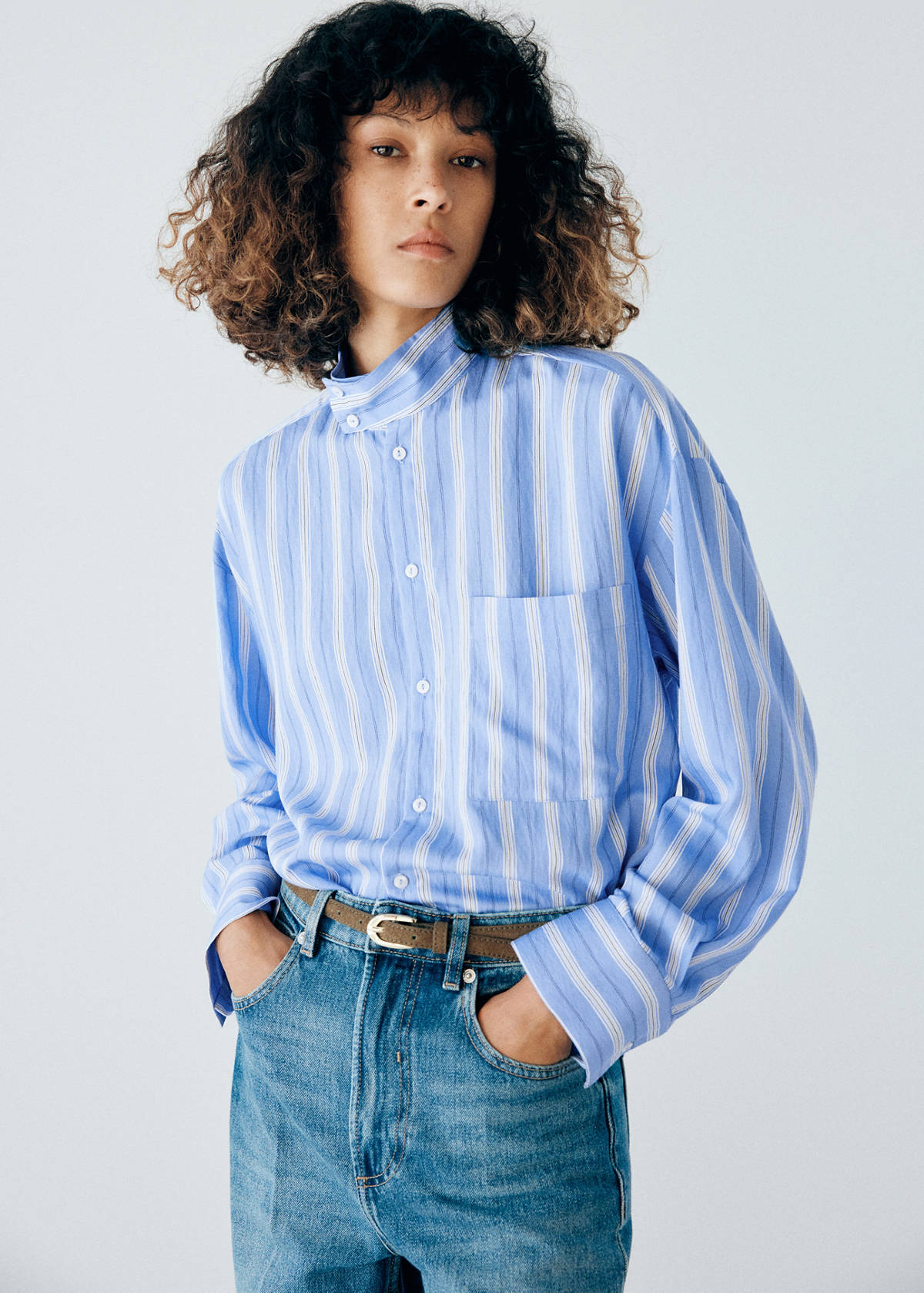 Striped shirt with stand-up collar — Blue