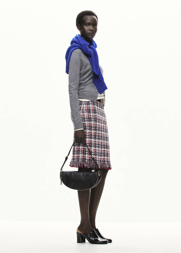 Midi tweed checked skirt with fringed detail — Navy