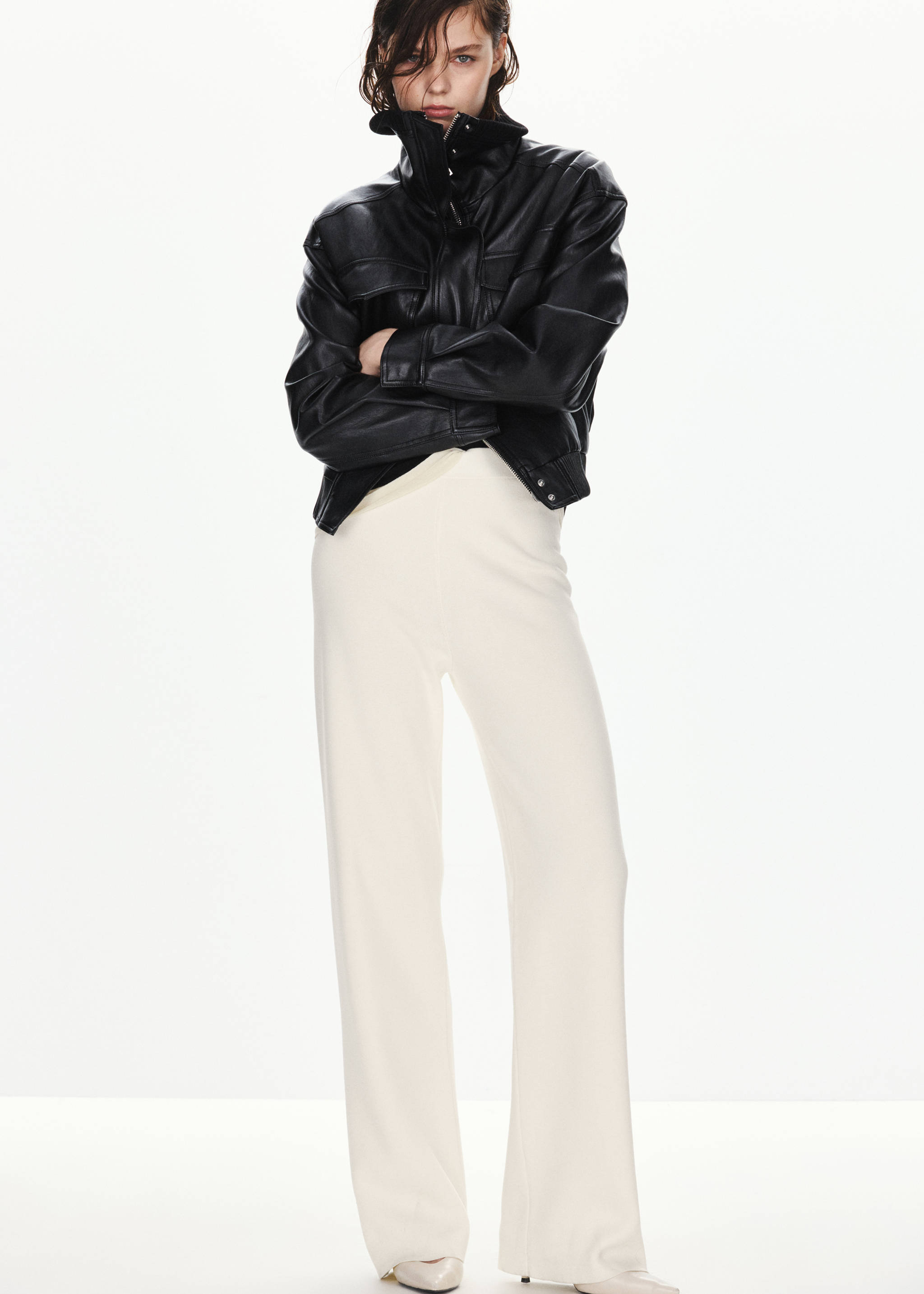 Pantalon droit maille fine - Plan moyen, Écru. Ref: 37095878-00.