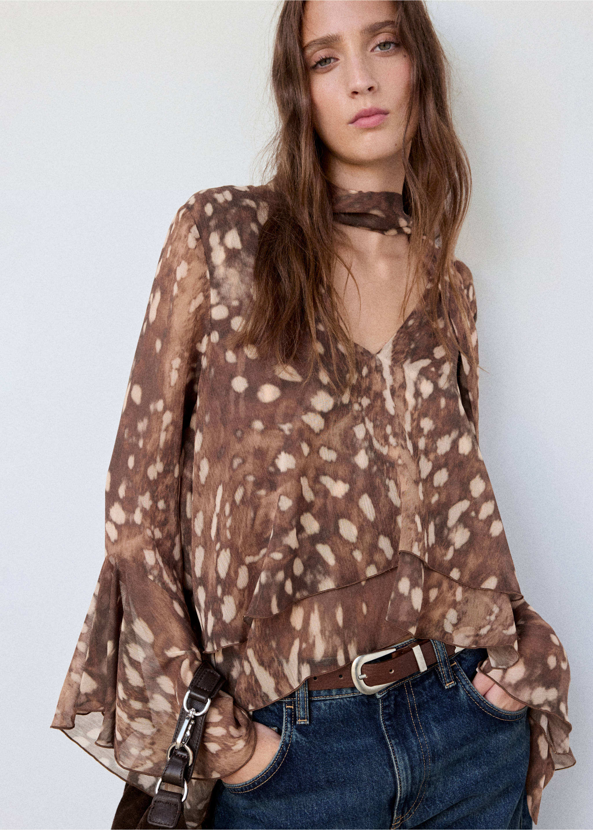 Printed chiffon blouse - Medium plane, Brown. Ref: 37095879-00.