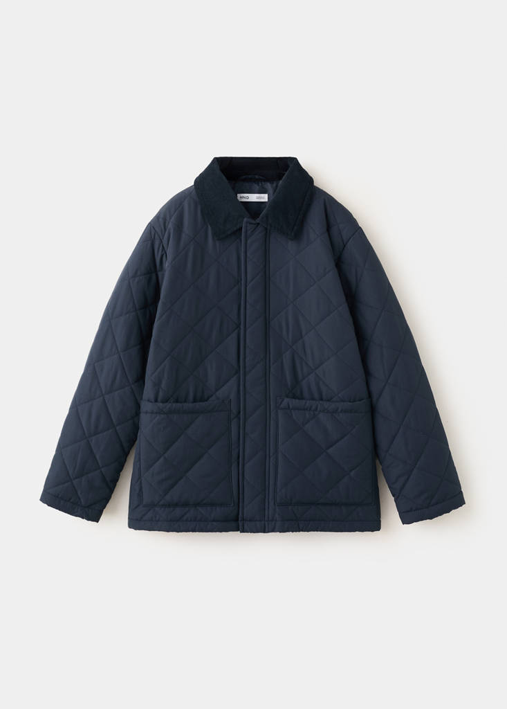 Mango Kids' Quilted Jacket With Corduroy Collar In Bleu Marine