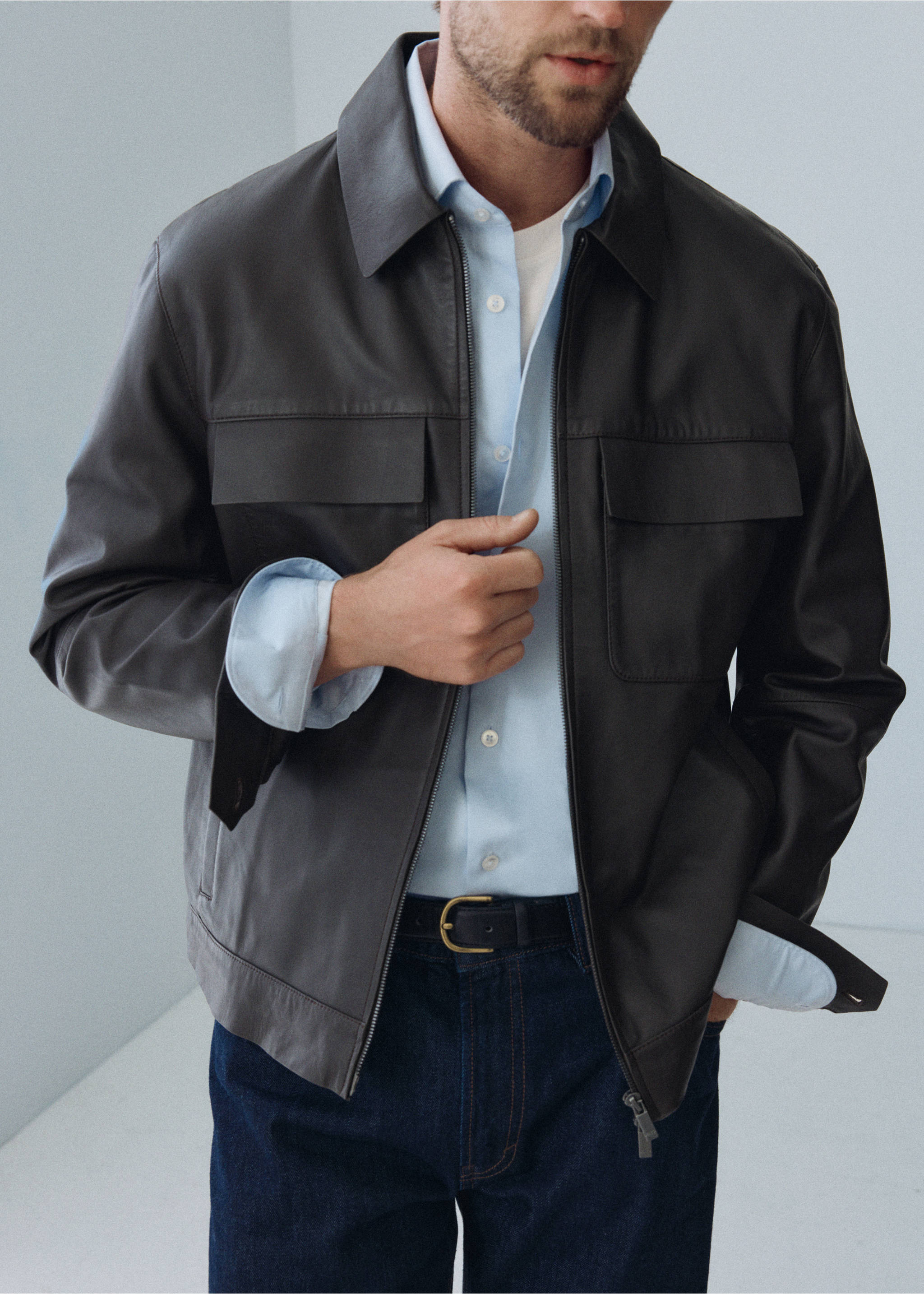 100% leather jacket with pockets - Medium plane, Chocolate. Ref: 37095974-01.