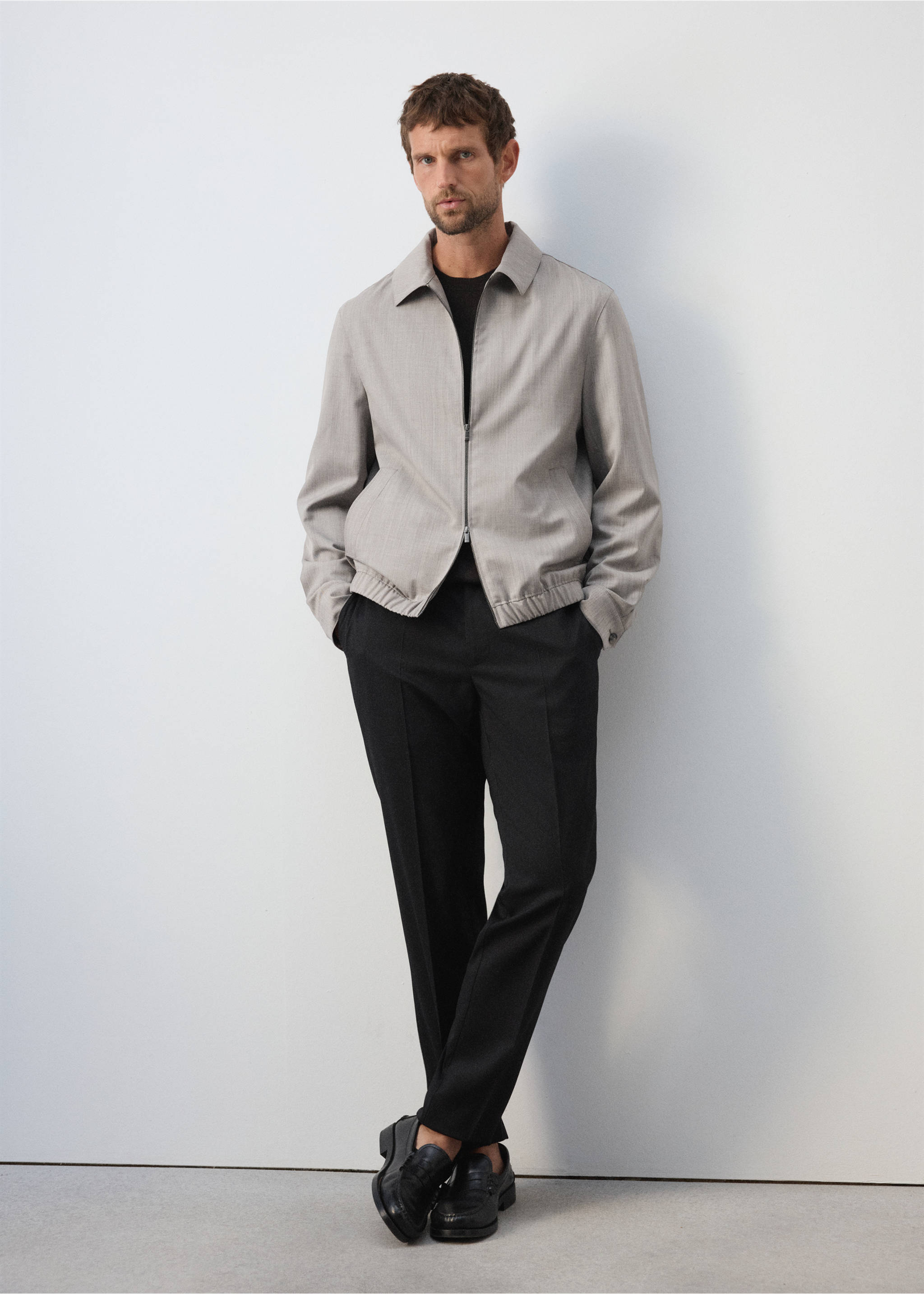 Wool-blend bomber jacket - Details of the article 4, Light/Pastel Grey. Ref: 37095975-00.