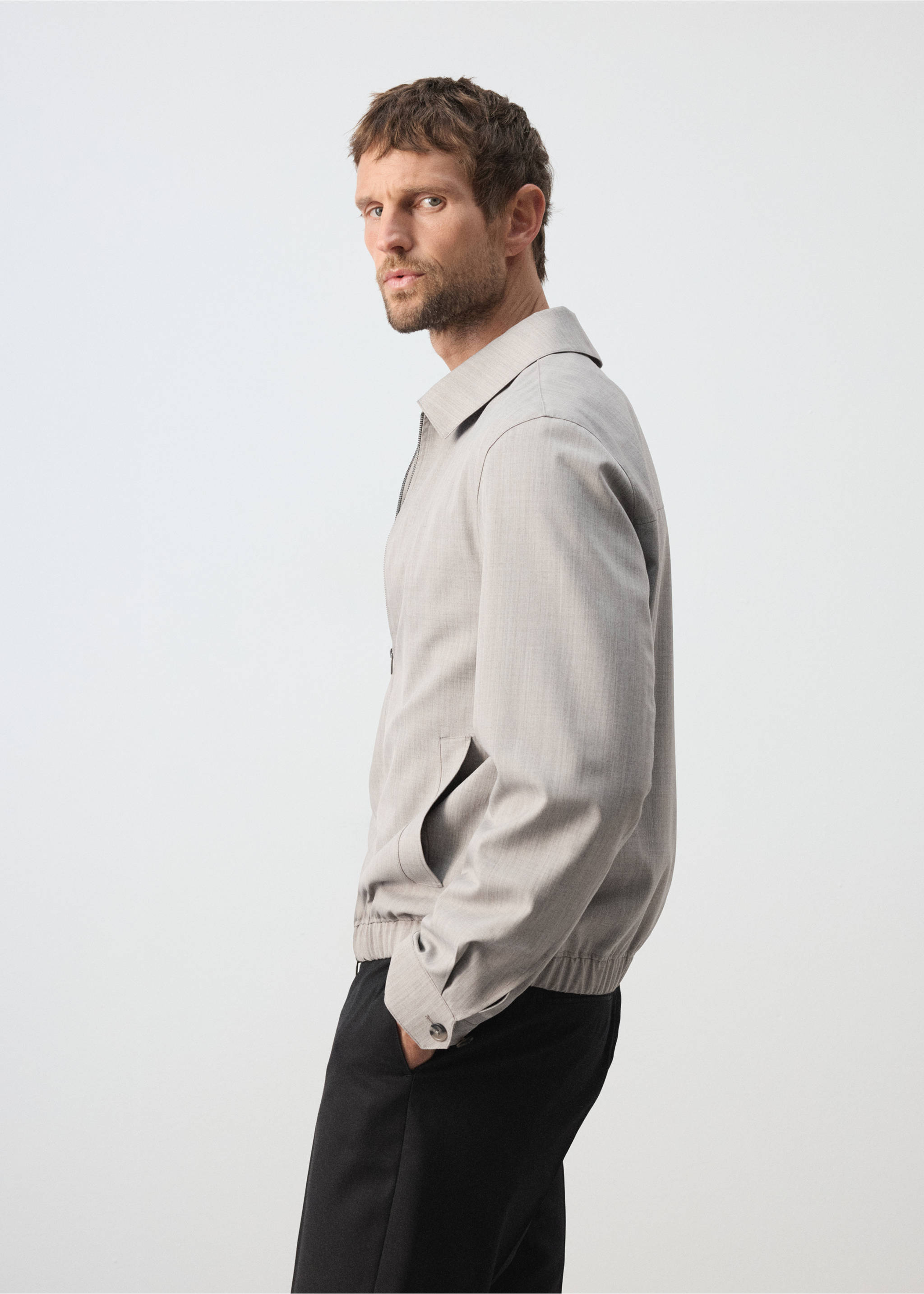 Wool-blend bomber jacket - Details of the article 2, Light/Pastel Grey. Ref: 37095975-00.