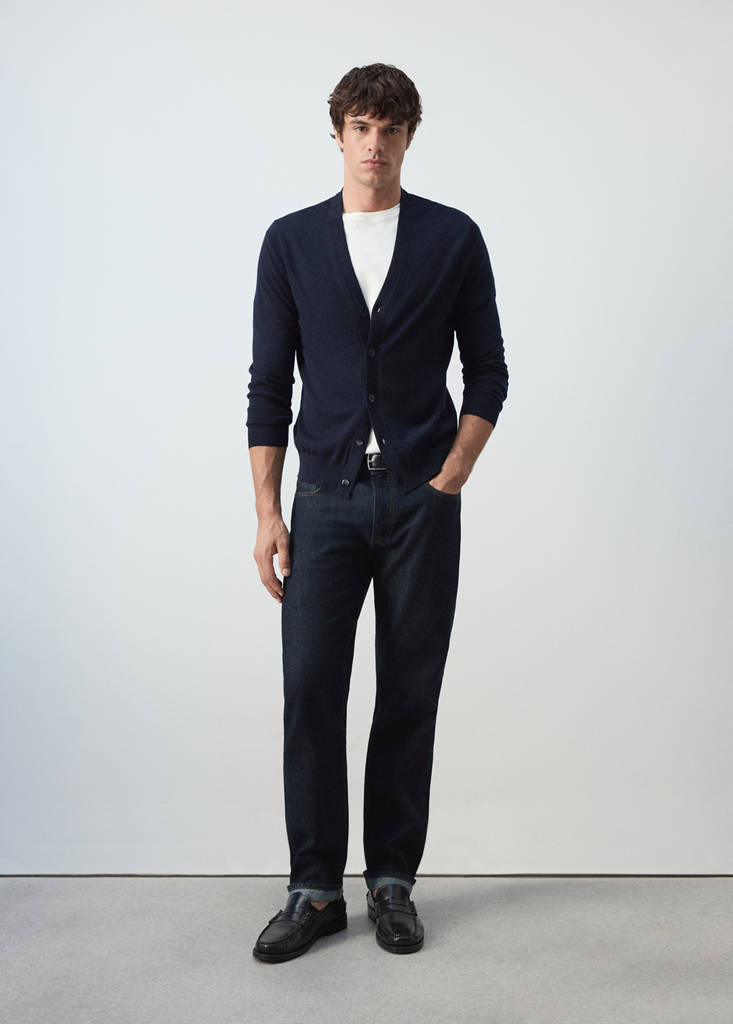 Fine-knit 100% merino wool cardigan — Navy