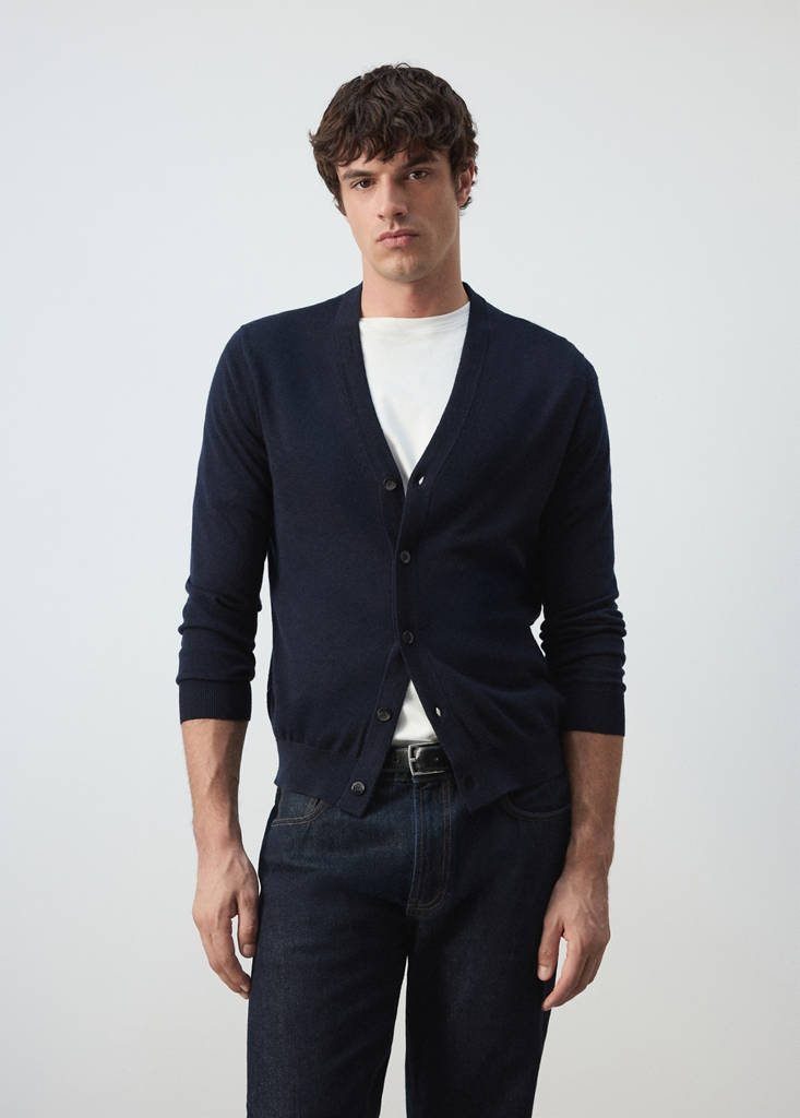 Fine-knit 100% merino wool cardigan — Navy