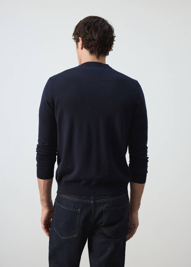Fine-knit 100% merino wool cardigan — Navy