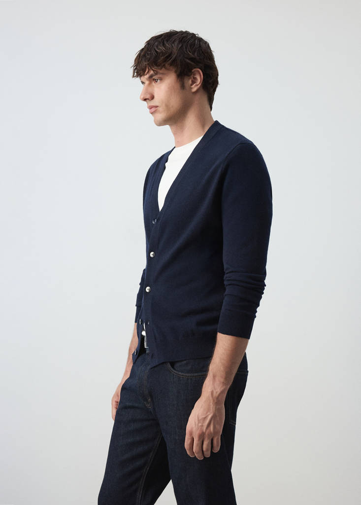 Fine-knit 100% merino wool cardigan — Navy