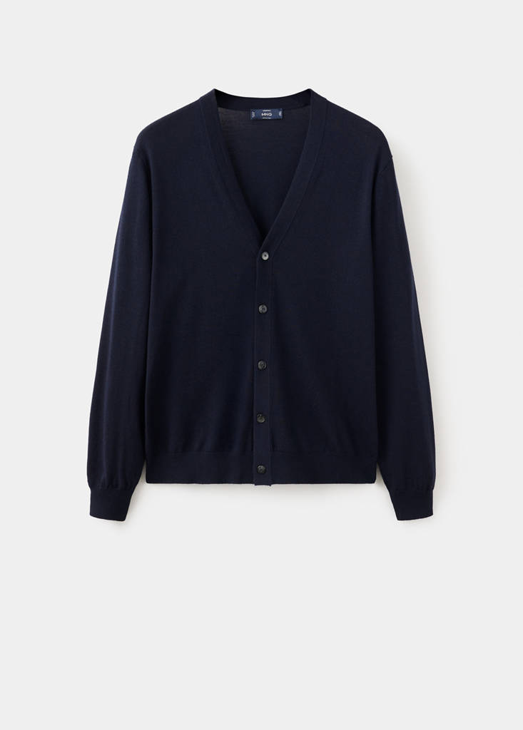 Fine-knit 100% merino wool cardigan — Navy