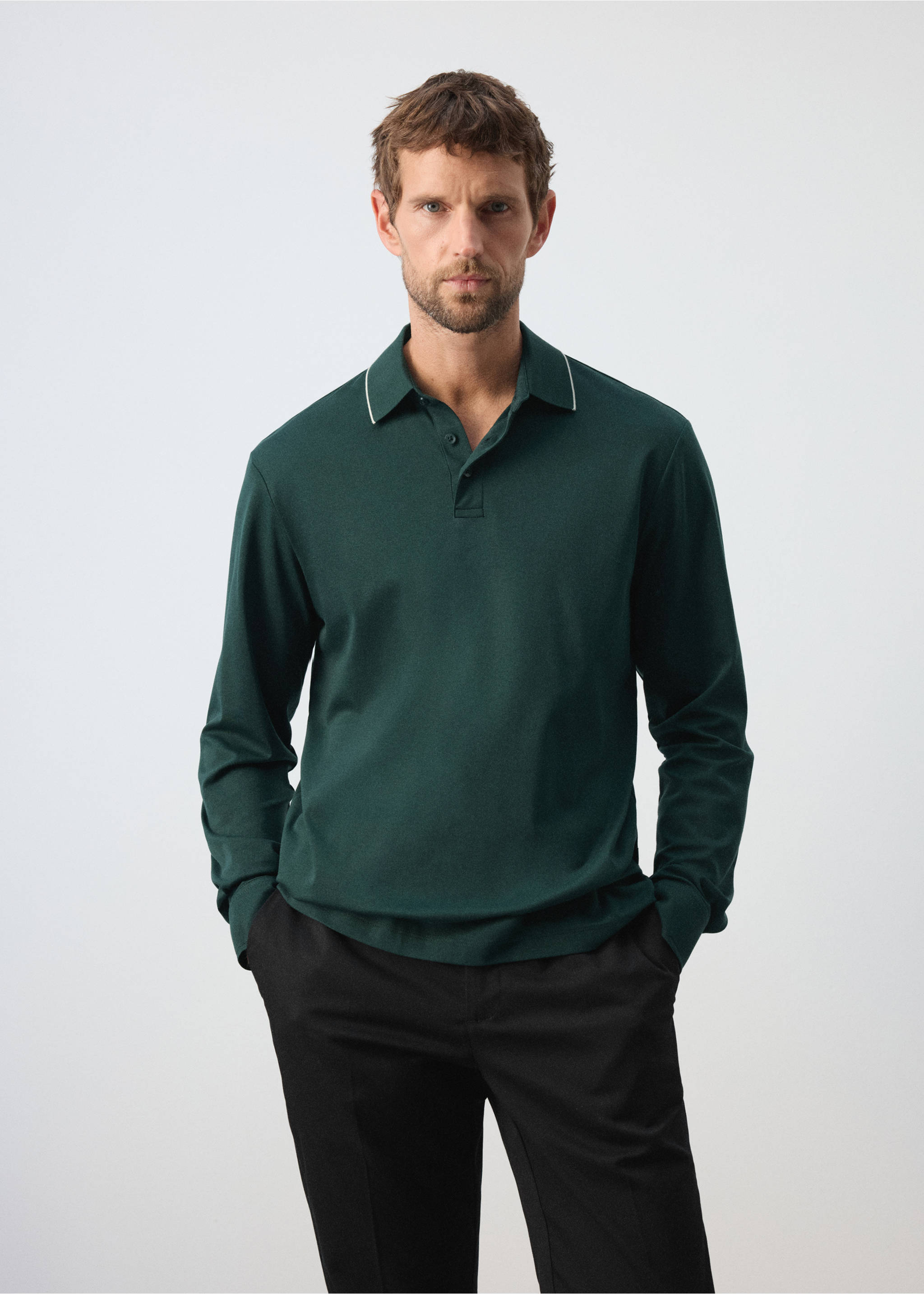 100% cotton polo shirt with contrasting detail - Medium plane, Dark Green. Ref: 37095997-00.