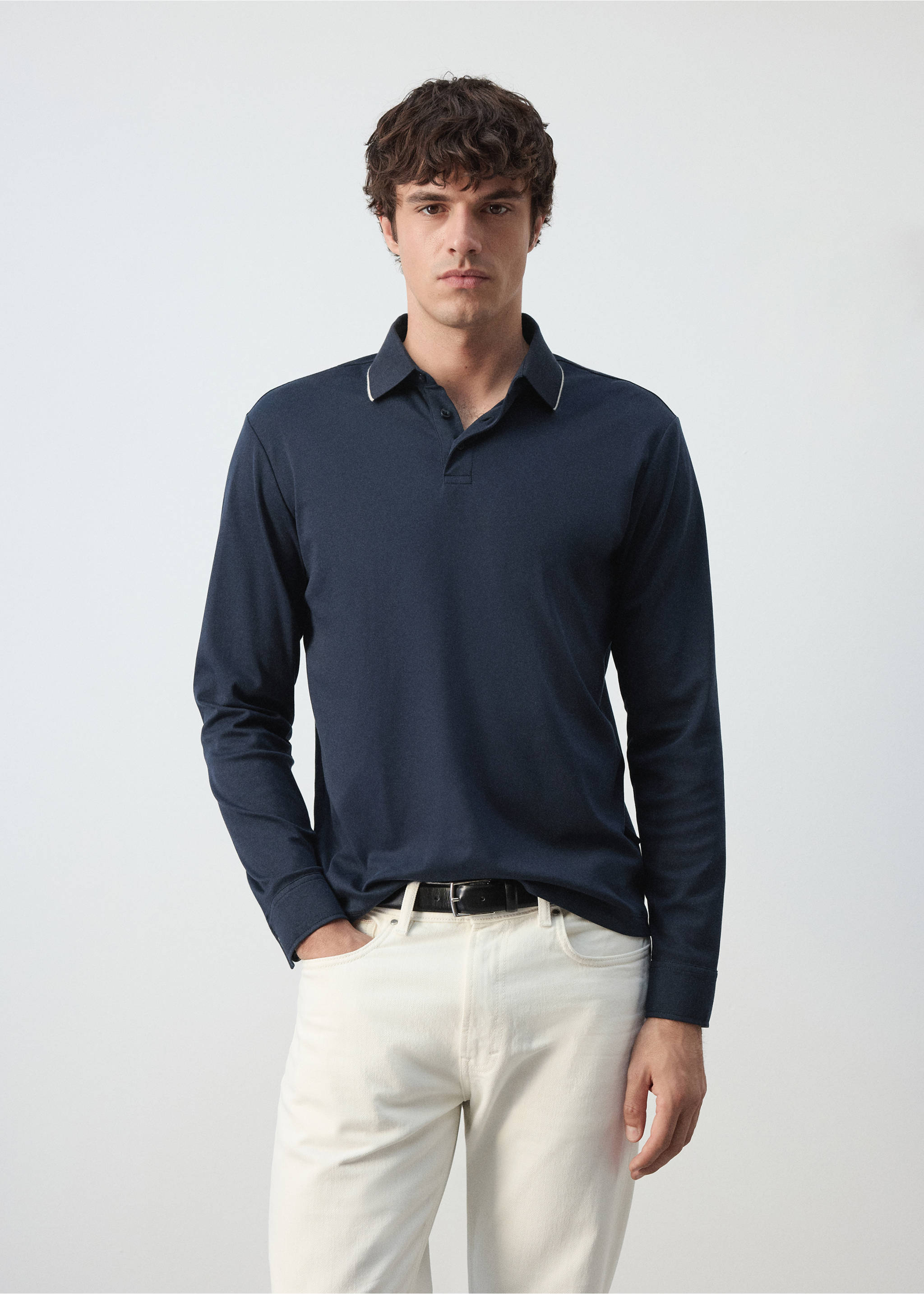 100% cotton polo shirt with contrasting detail - Medium plane, Navy. Ref: 37095997-00.