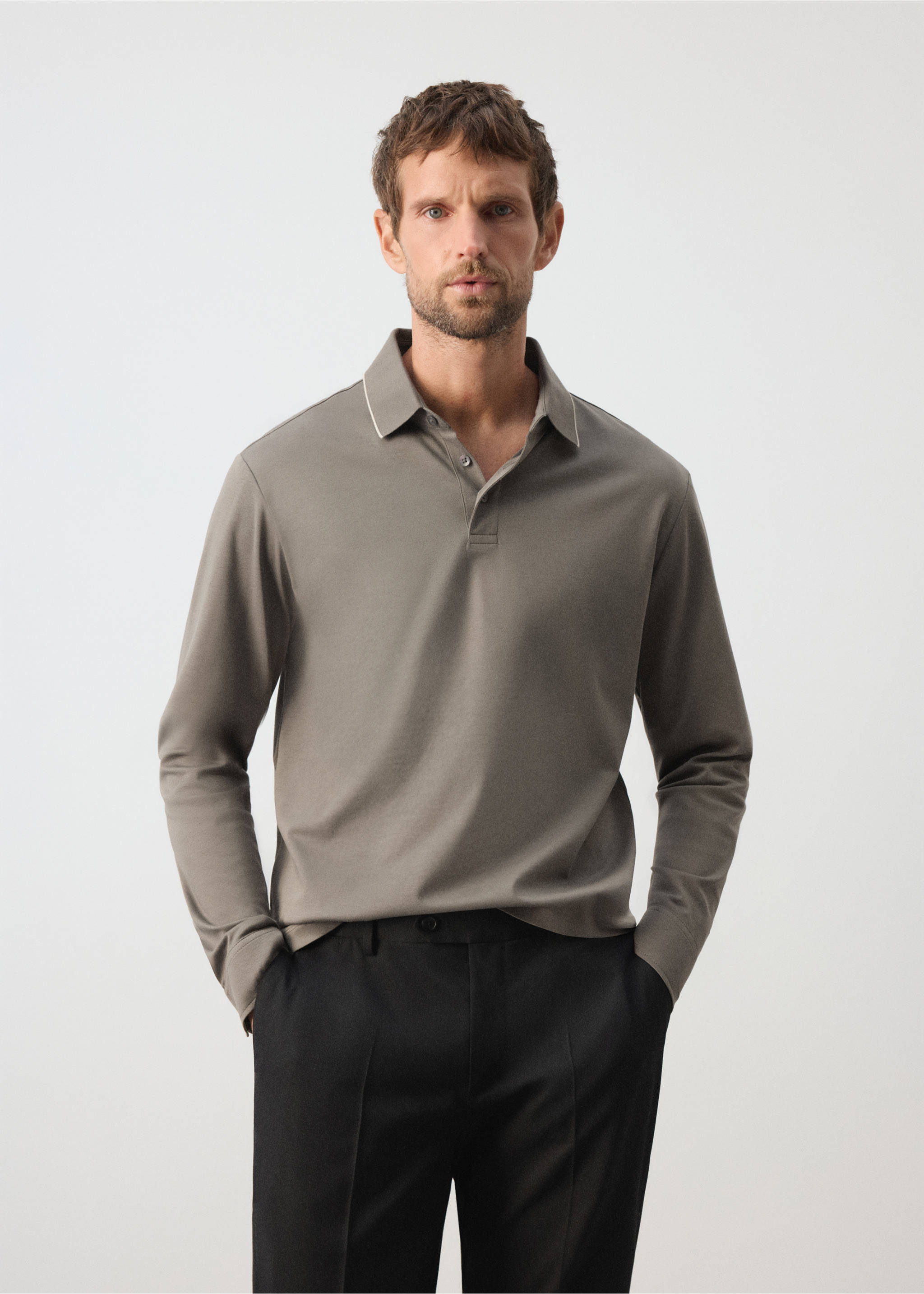 100% cotton polo shirt with contrasting detail - Medium plane, Mink Grey. Ref: 37095997-00.