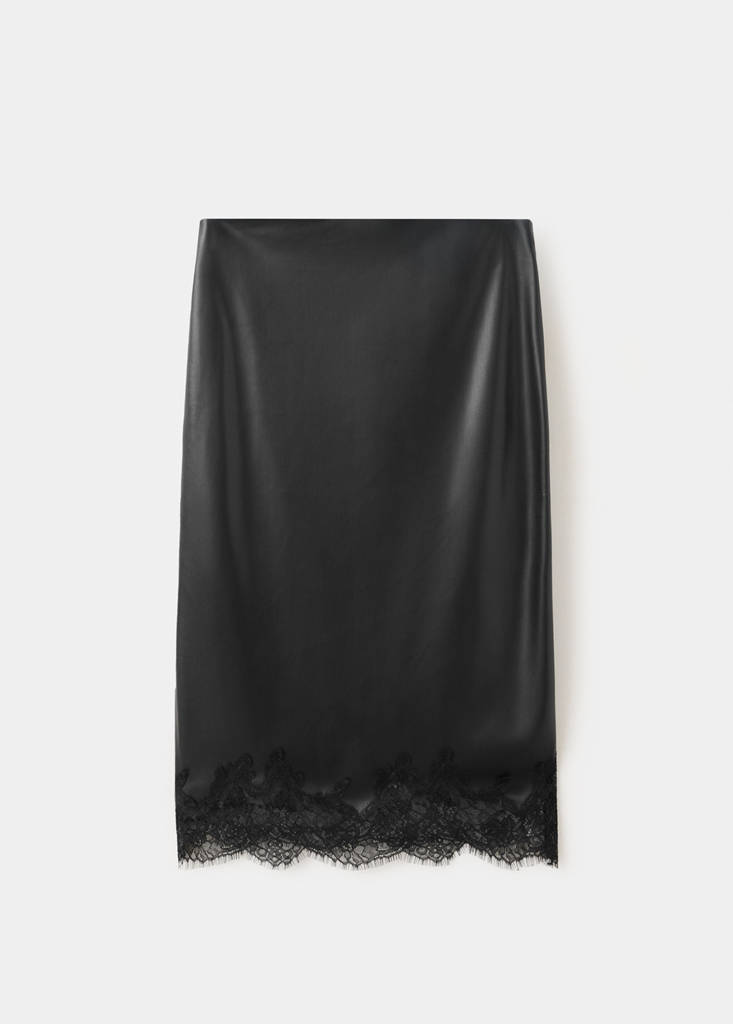 Faux leather skirt with lace trim — Black