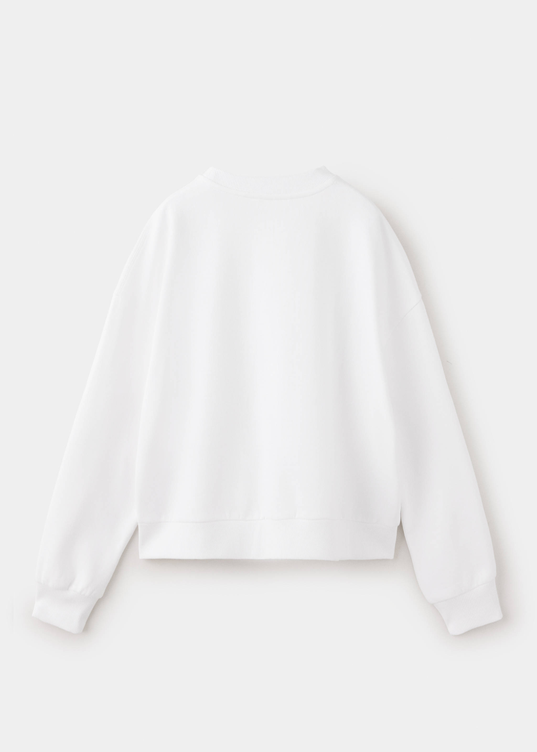 Back view of a white children's sweatshirt with a ribbed crew neck.