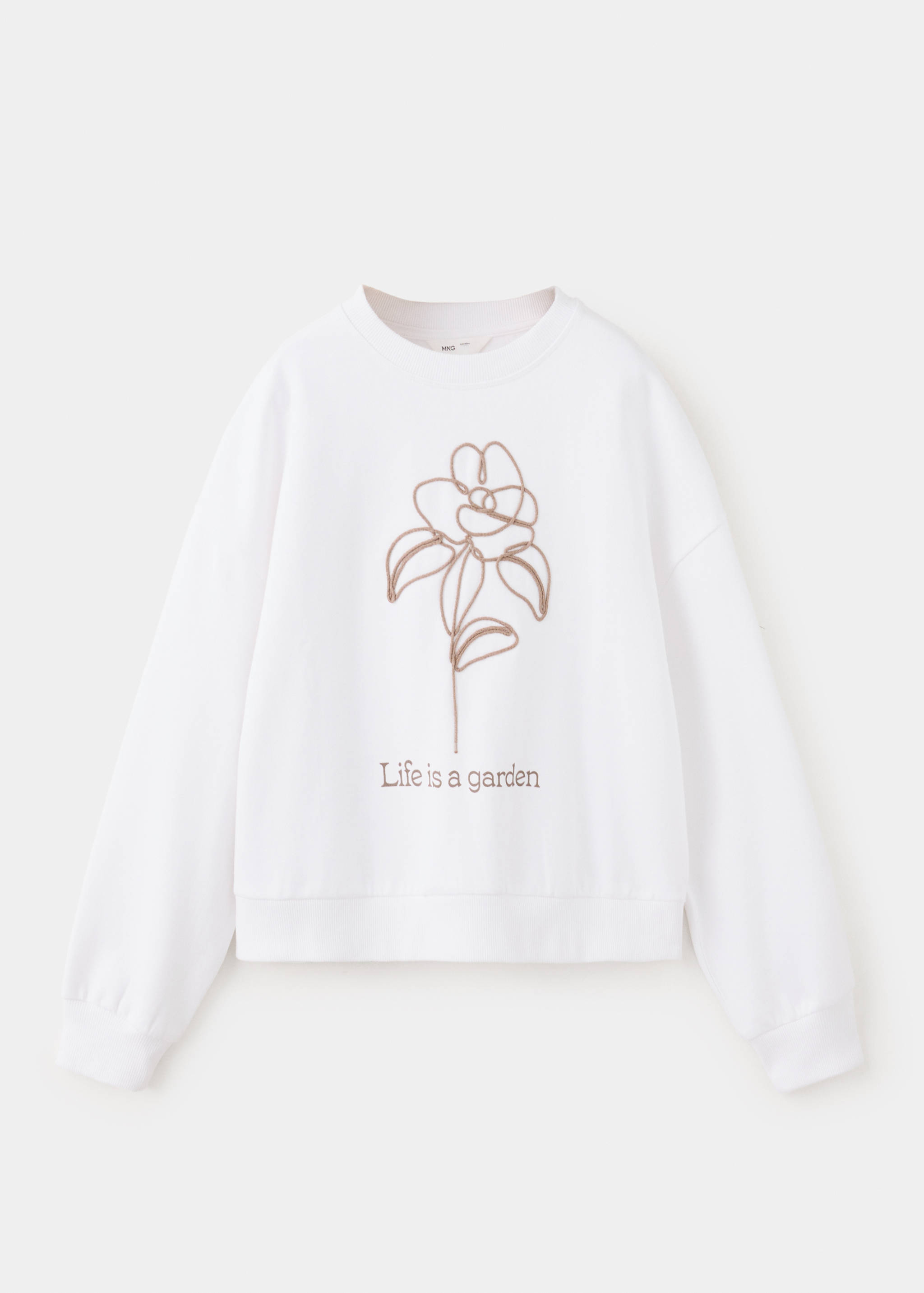 White kids' sweatshirt with a crew neck and a floral embroidery on the front.