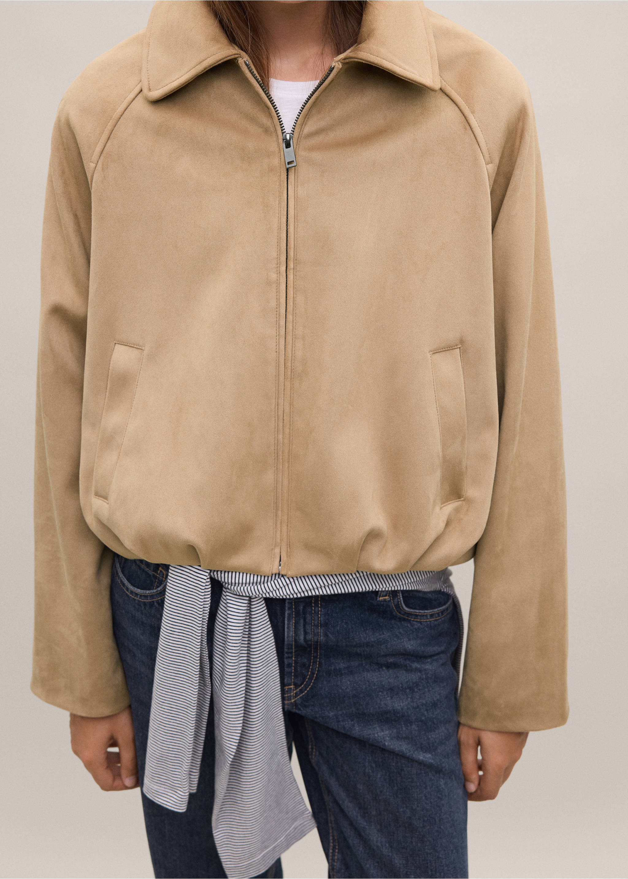 Balloon jacket with suede effect - Details of the article 3, Tobacco Brown. Ref: 37096320-00.