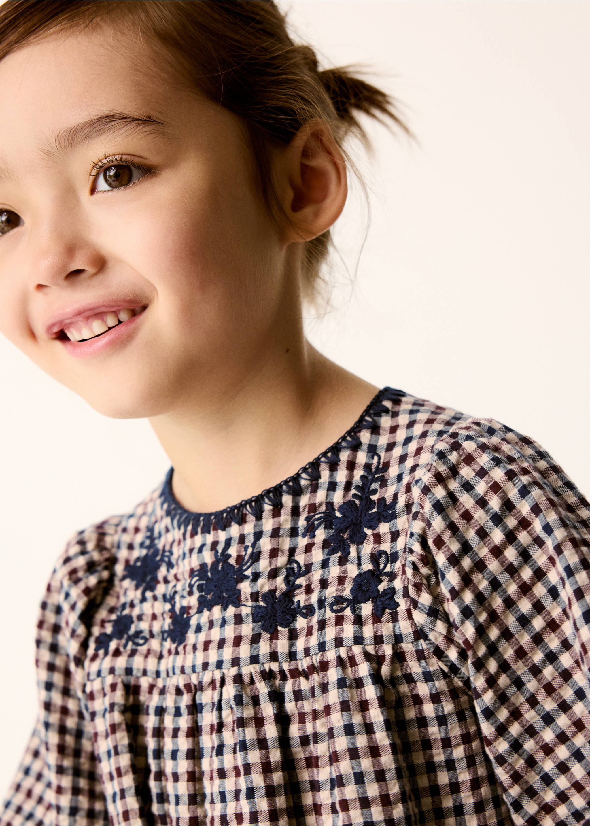 Printed gingham cotton dress - Details of the article 1, Navy. Ref: 37096344-00.