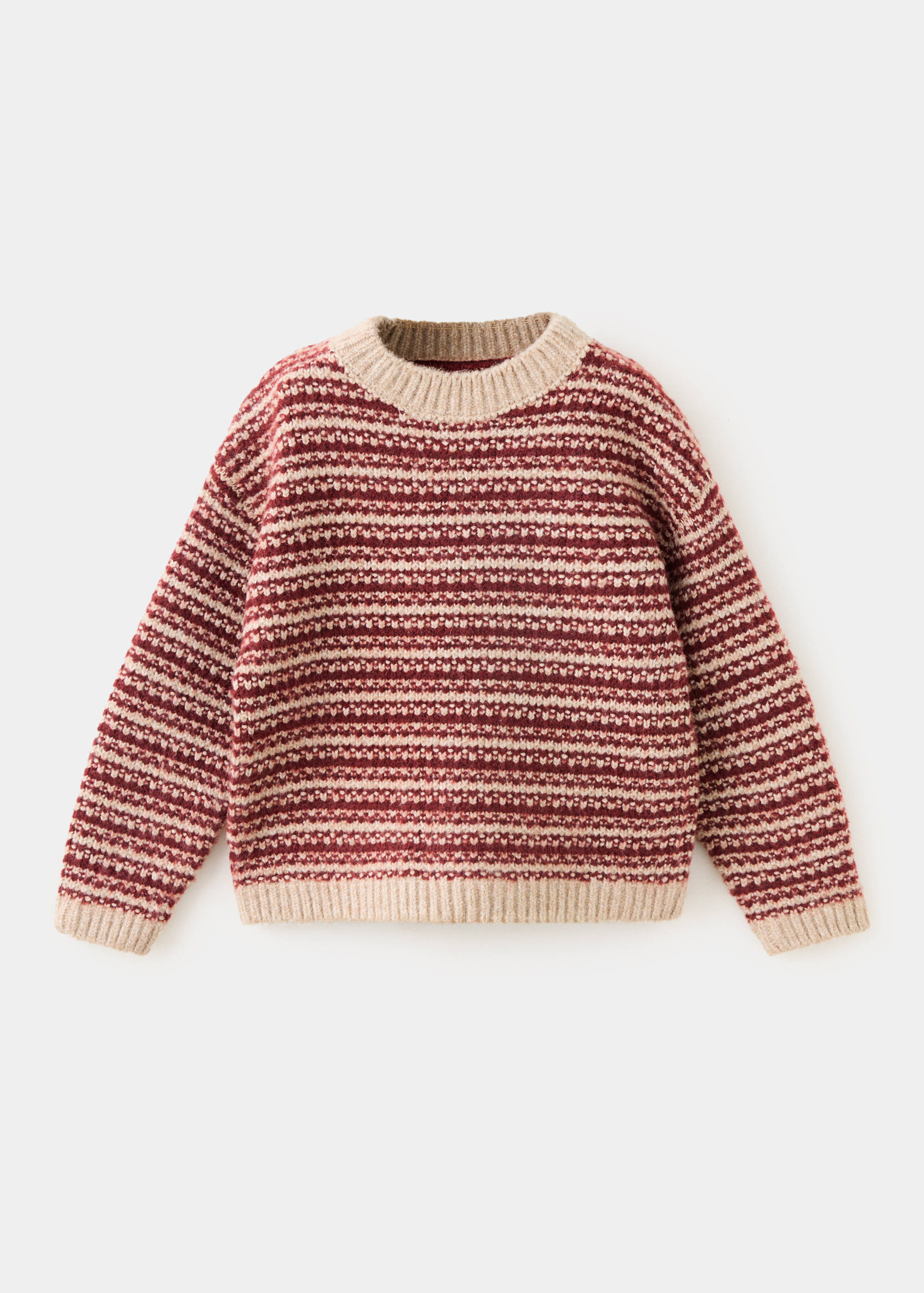 Kids' burgundy and beige striped knitted jumper with ribbed trims.