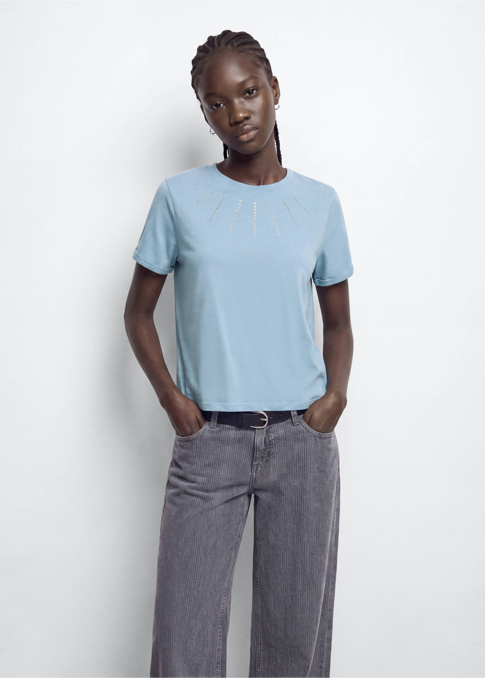 Cotton T-shirt with rhinestone detail - Medium plane, Blue. Ref: 37096351-00.