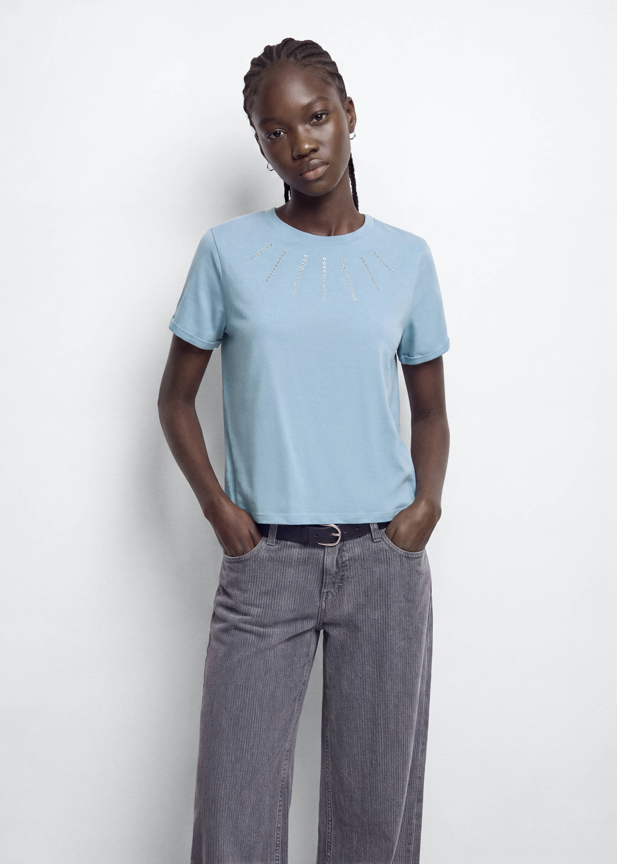 Cotton T-shirt with rhinestone detail - Medium plane