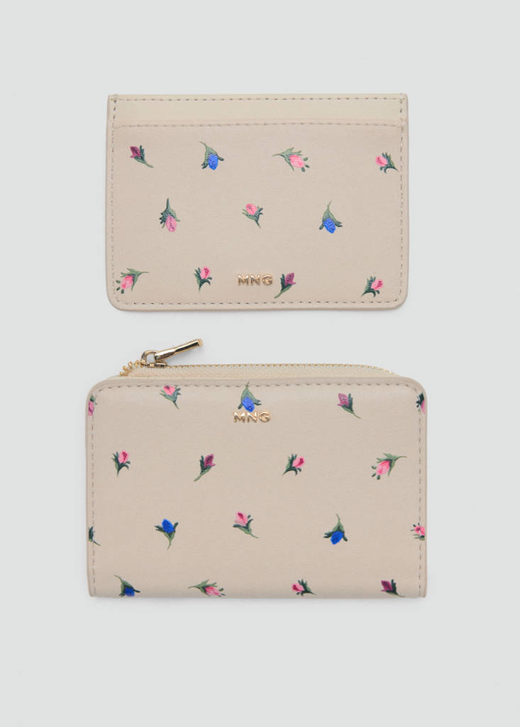 Metallic-effect floral print card holder — Off White