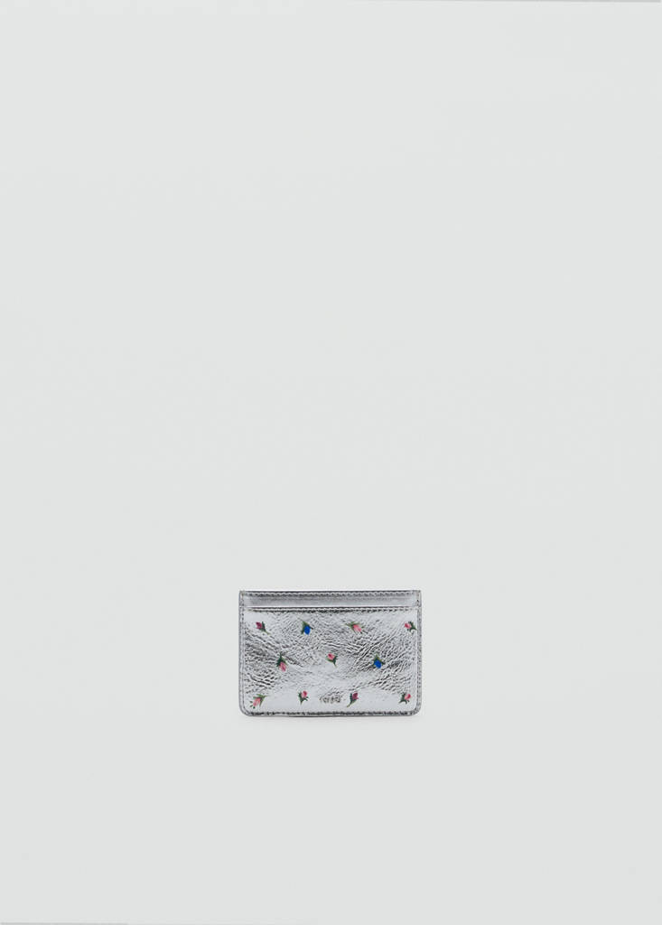 Metallic-effect floral print card holder — Silver