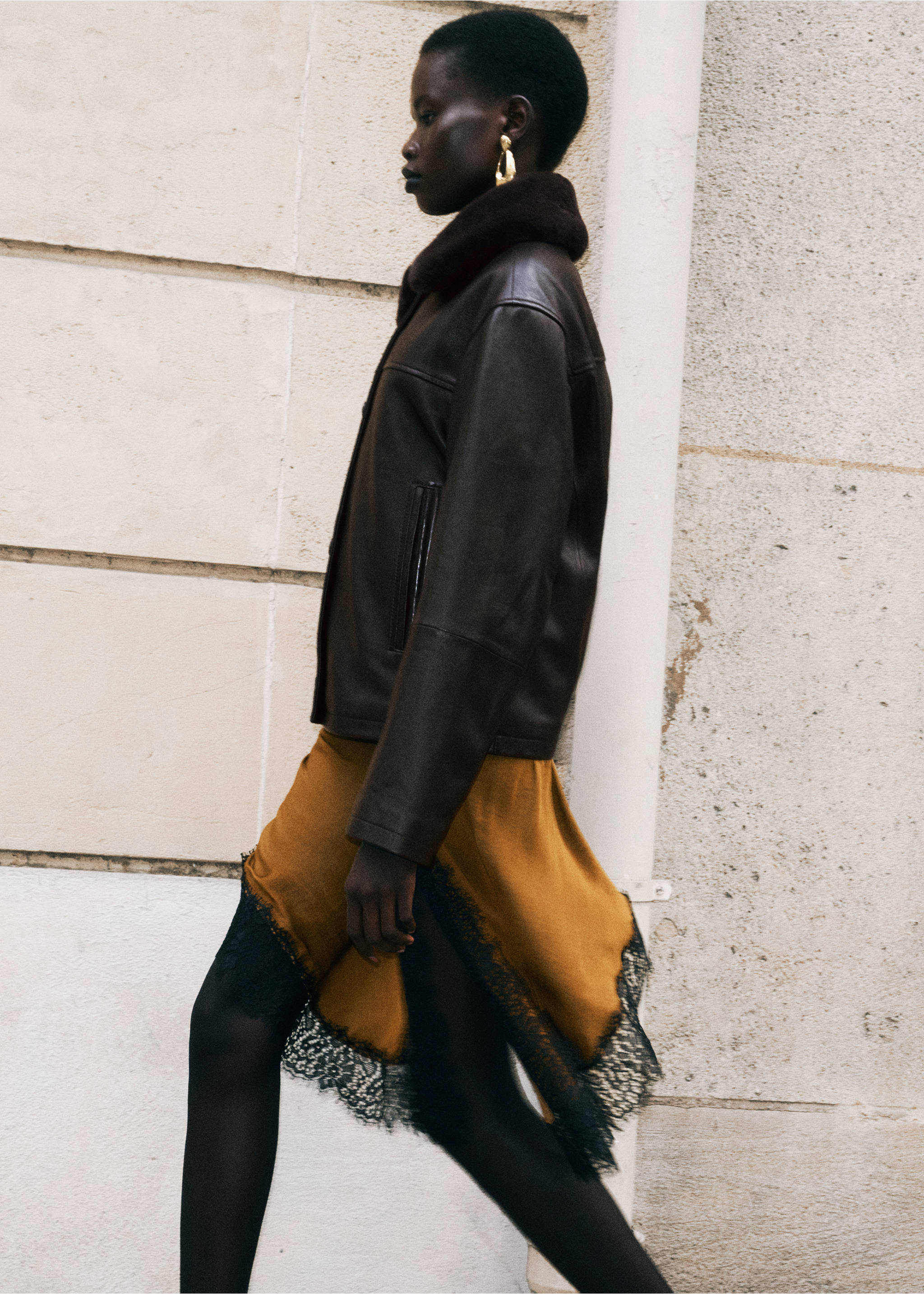 Leather jacket with detachable fur collar - Details of the article 1, Brown. Ref: 37096722-00.