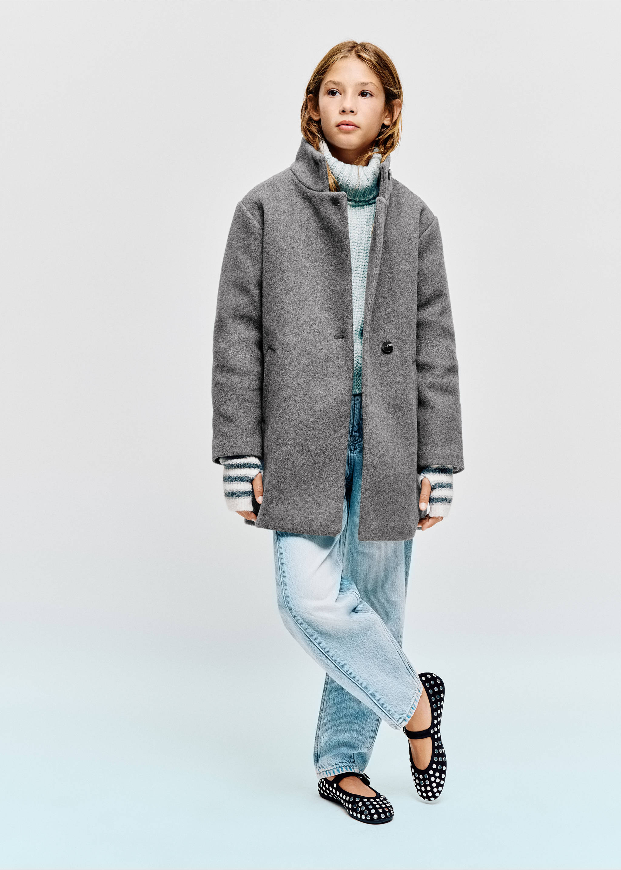 Grey coat with a high collar and single-button closure, styled with a turtleneck and light wash jeans., Medium Heather Grey. Ref: 37096724-00.