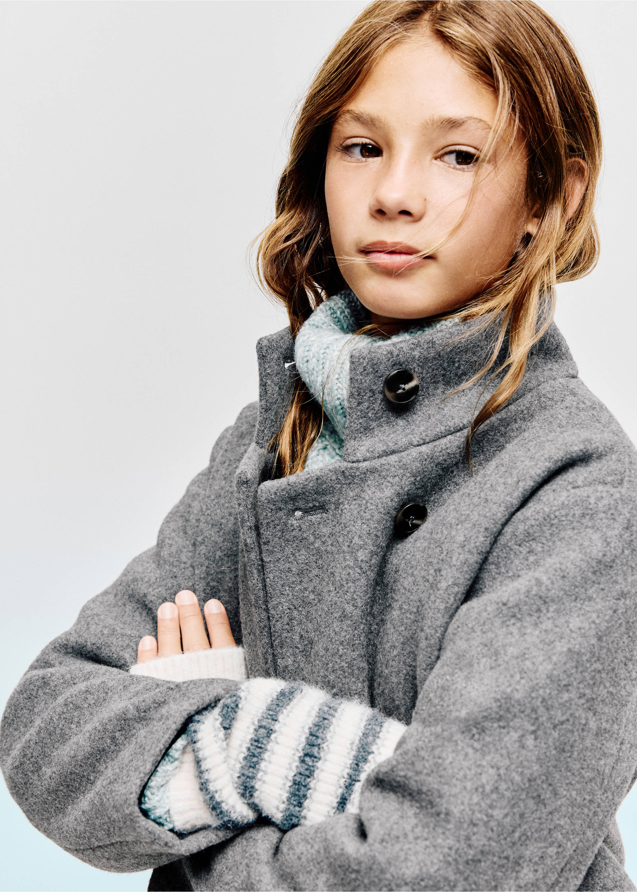 Close-up of a grey coat with a stand-up collar., Medium Heather Grey. Ref: 37096724-00.