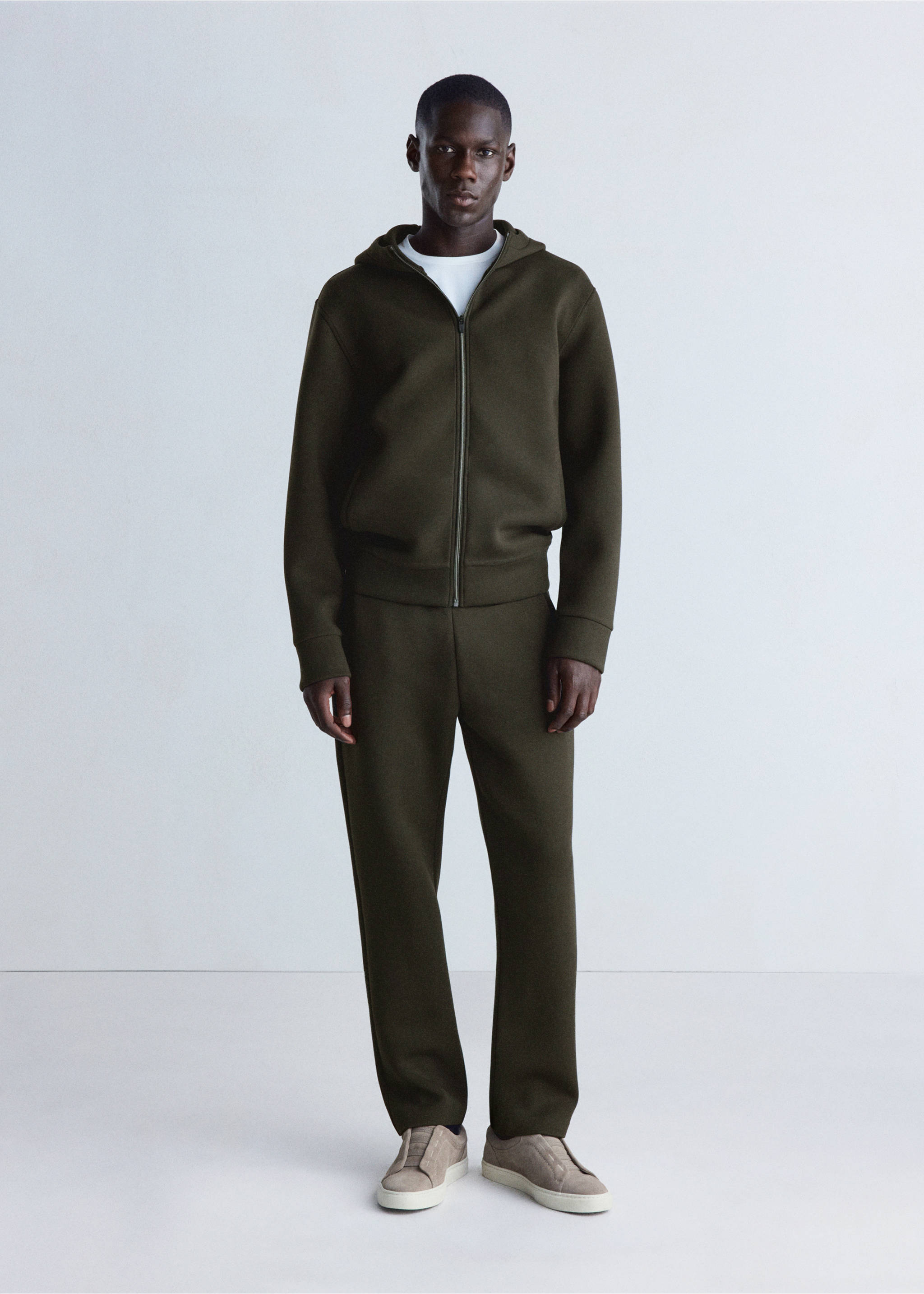Dark olive-green zip-up hoodie with a hood and ribbed trims., Khaki. Ref: 37096737-00.