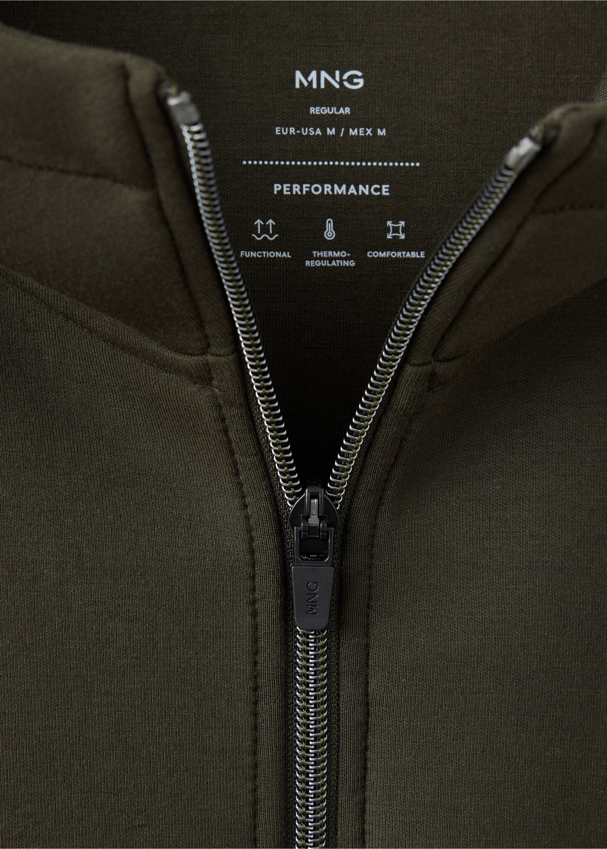 Close-up of a dark green sweatshirt collar with a central zipper and performance details., Khaki. Ref: 37096737-00.