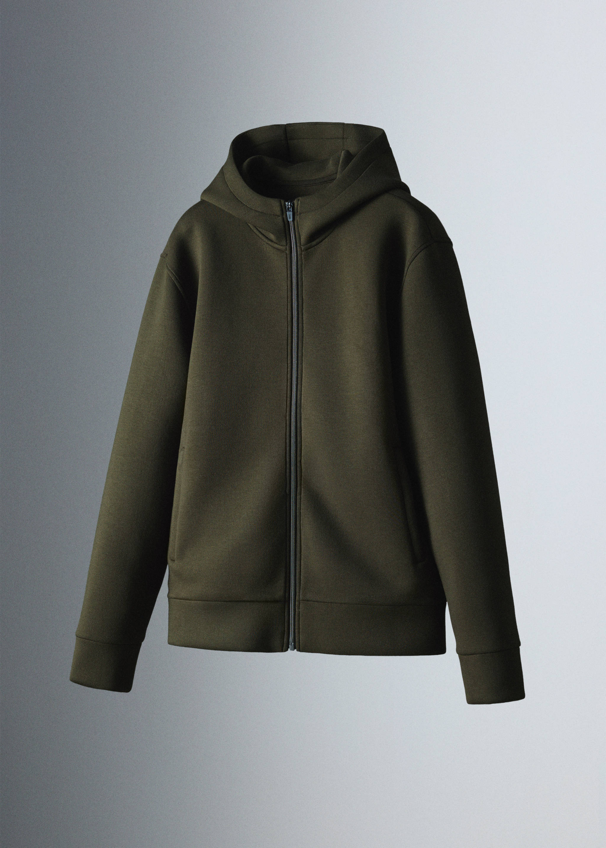 Khaki green zip-up hoodie with a structured hood and ribbed trims.