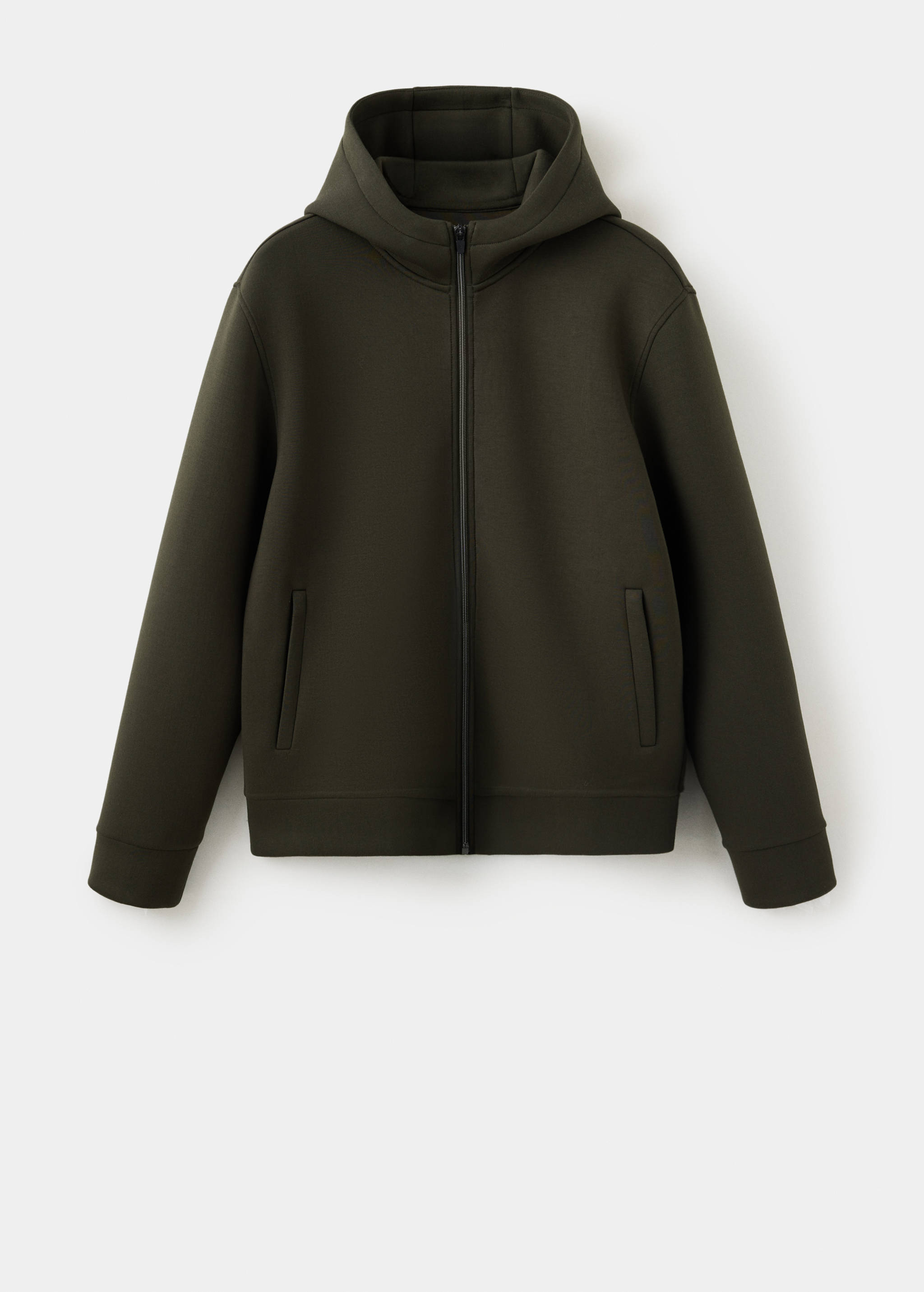 Olive green zip-up sweatshirt with hood and side pockets.