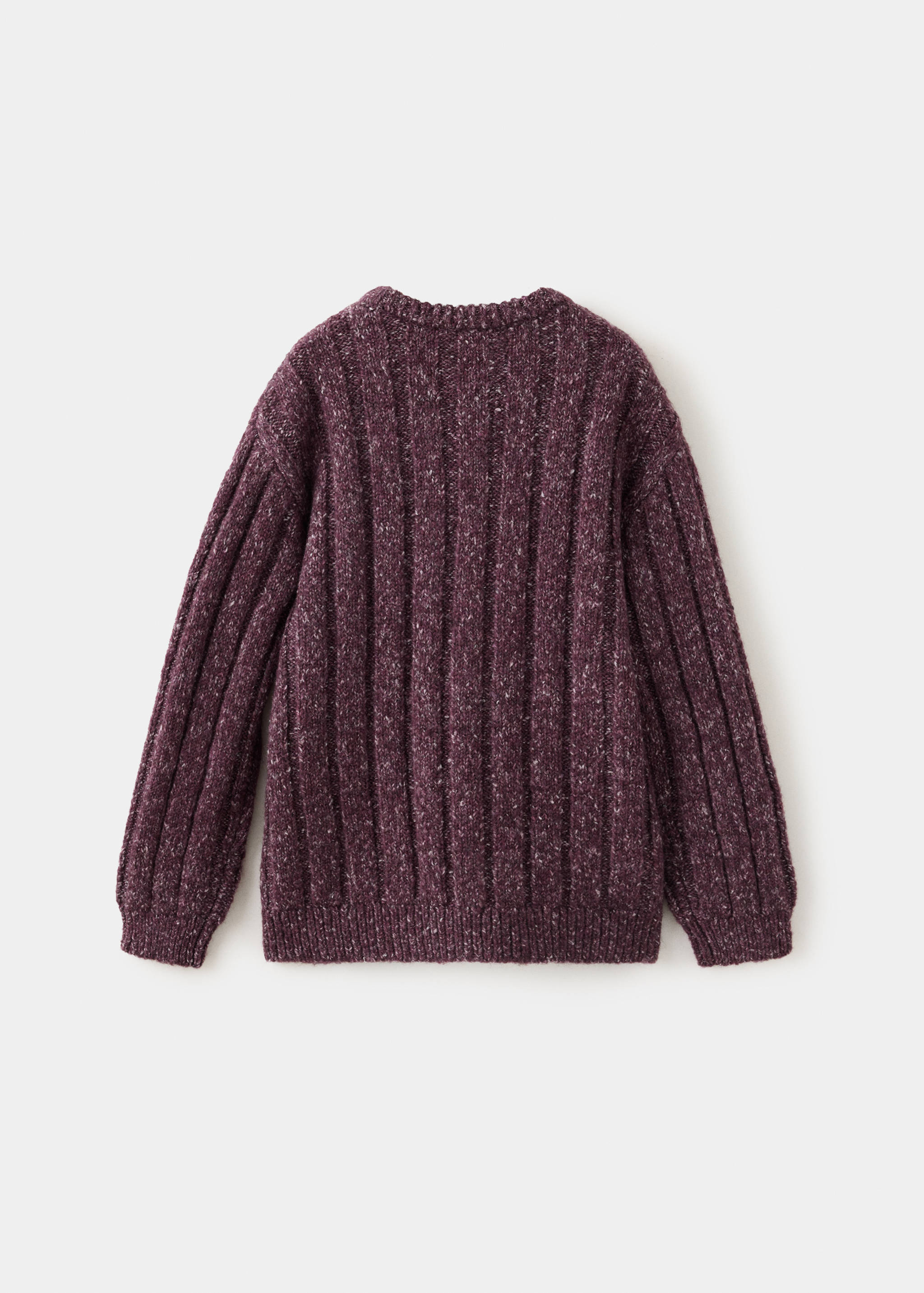 Plum purple ribbed knit kids' jumper, back view.