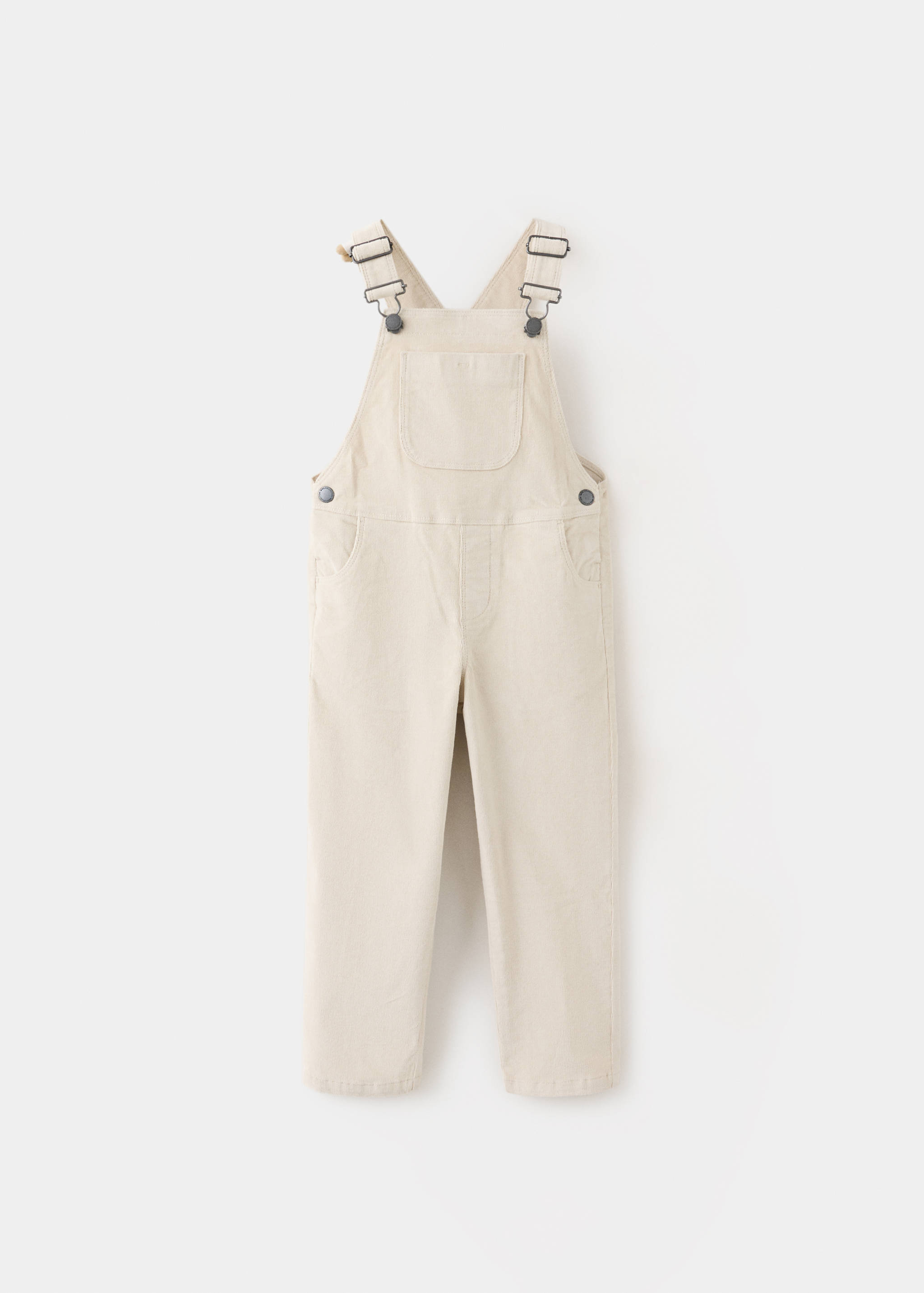 Beige kids' overalls with adjustable shoulder straps and bib pocket.