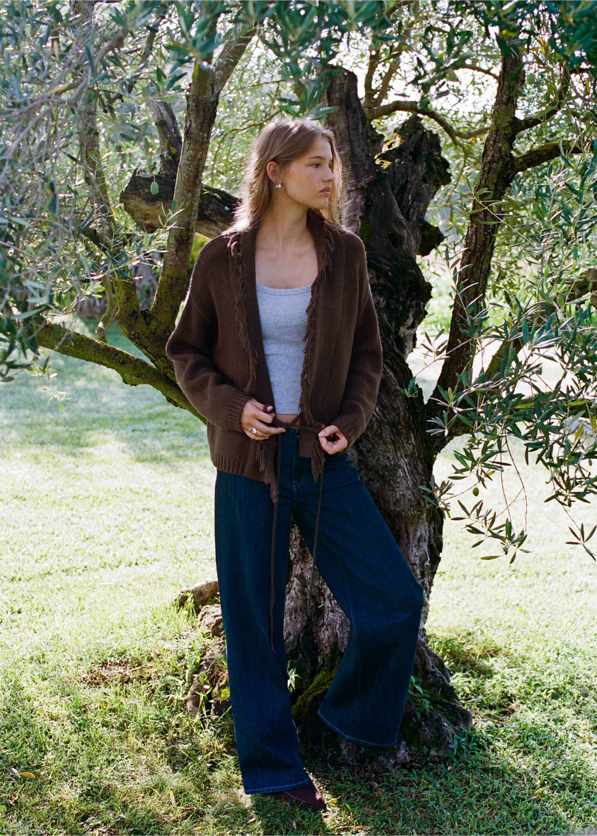 Cross-over knit cardigan with tassels - General plane, Brown. Ref: 37097134-00.