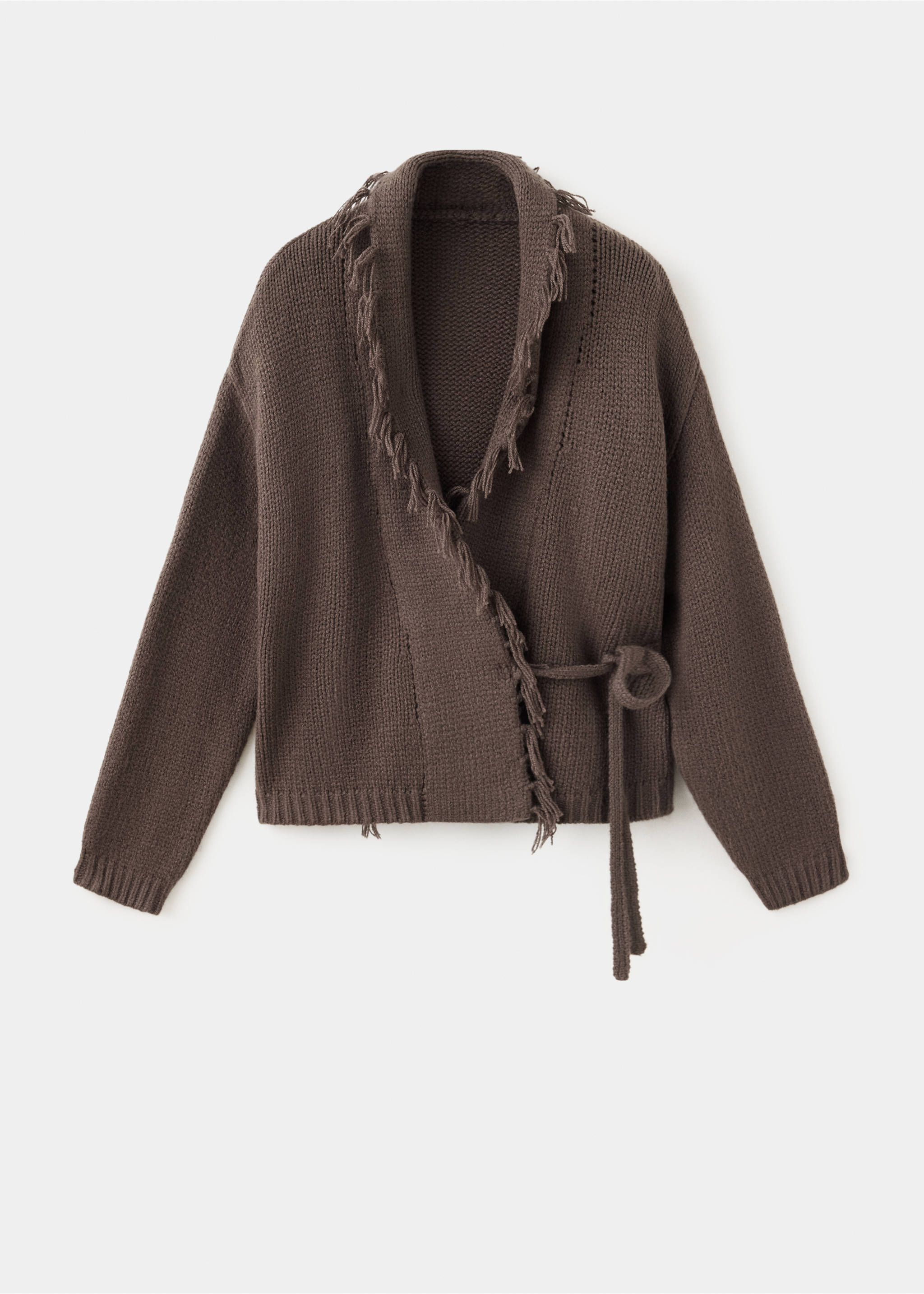 Cross-over knit cardigan with tassels - Article without model, Brown. Ref: 37097134-00.