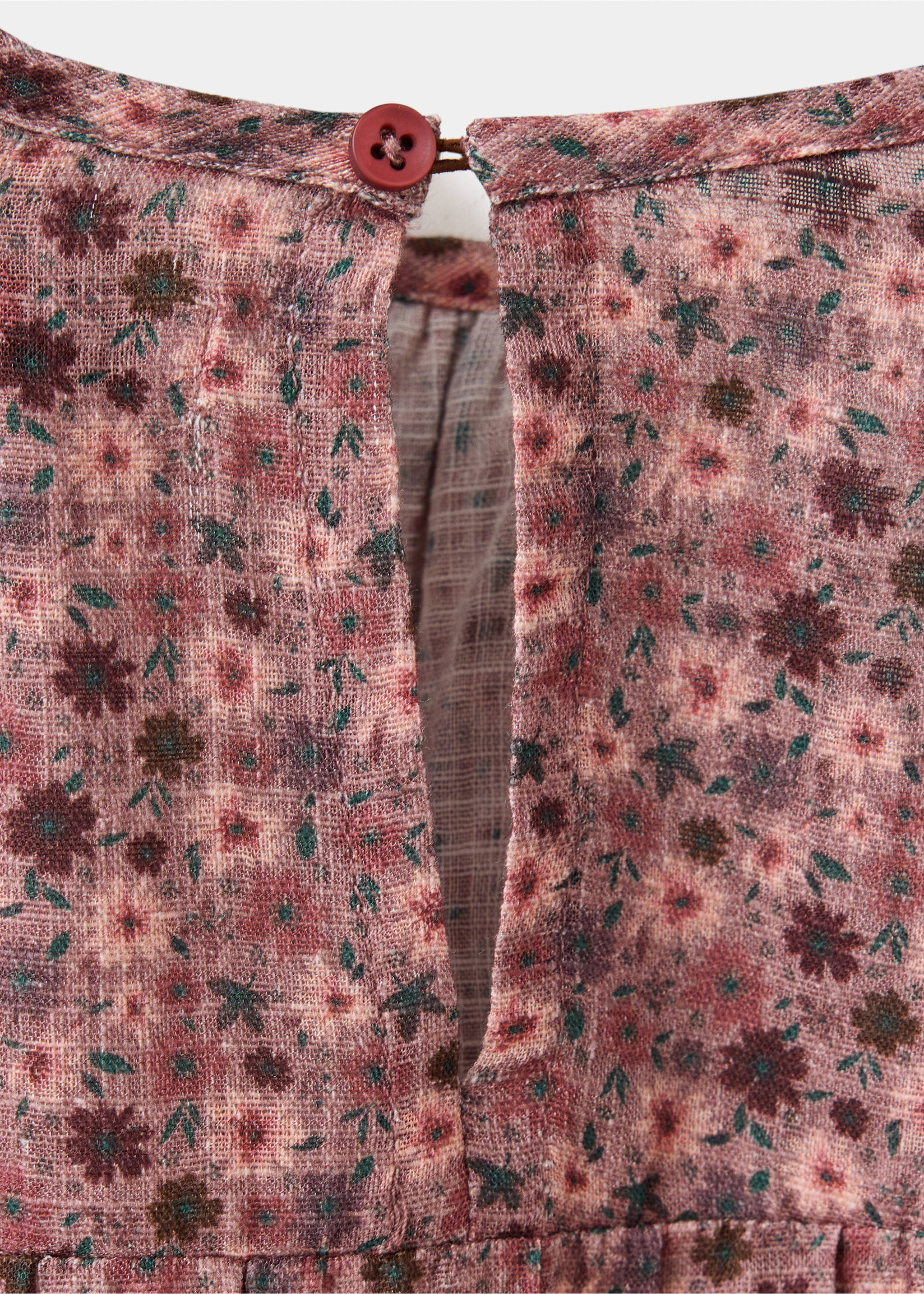 Pink floral dress detail showing the back button keyhole neckline., Light/Pastel Purple. Ref: 37097135-00.