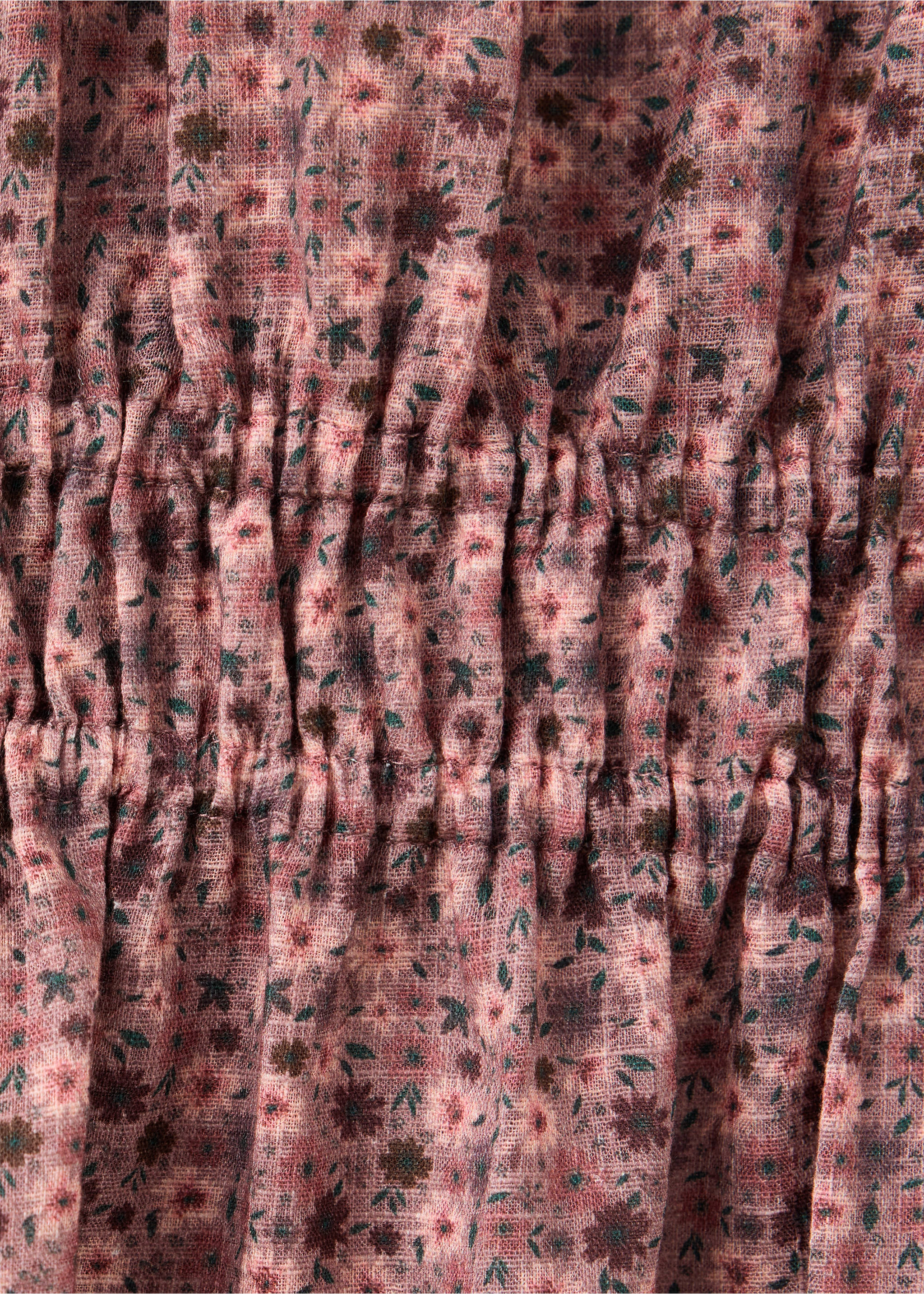 Close-up of pink floral dress fabric with smocked elastic detail., Light/Pastel Purple. Ref: 37097135-00.